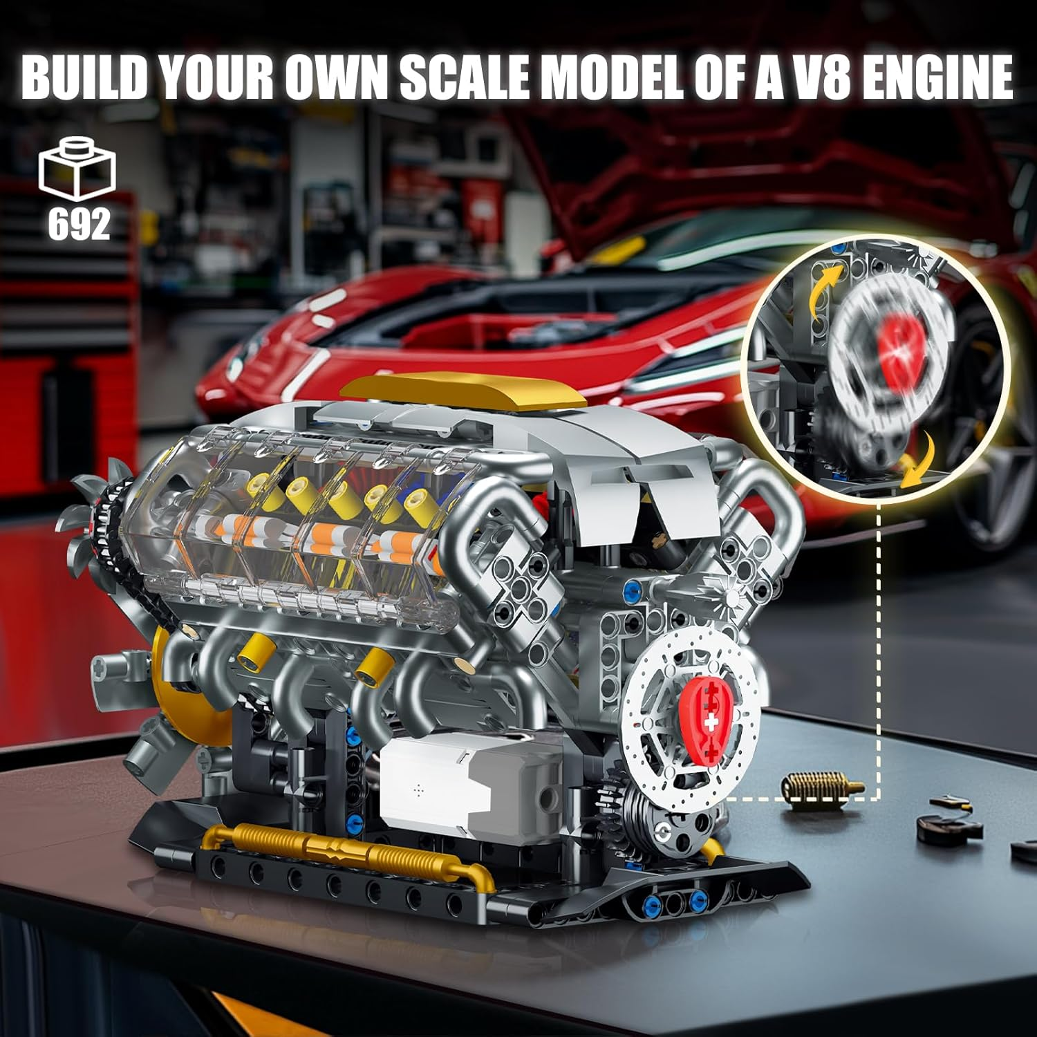 YEECHAO V8 Engine Building Kit for Adults, Build Your Own Mini V8 Engine Model Toy with Sounds for Display, Compatible with  for Boys 8-14, Musical STEM Building Project for Kids Teens (692 PCS) image number 3