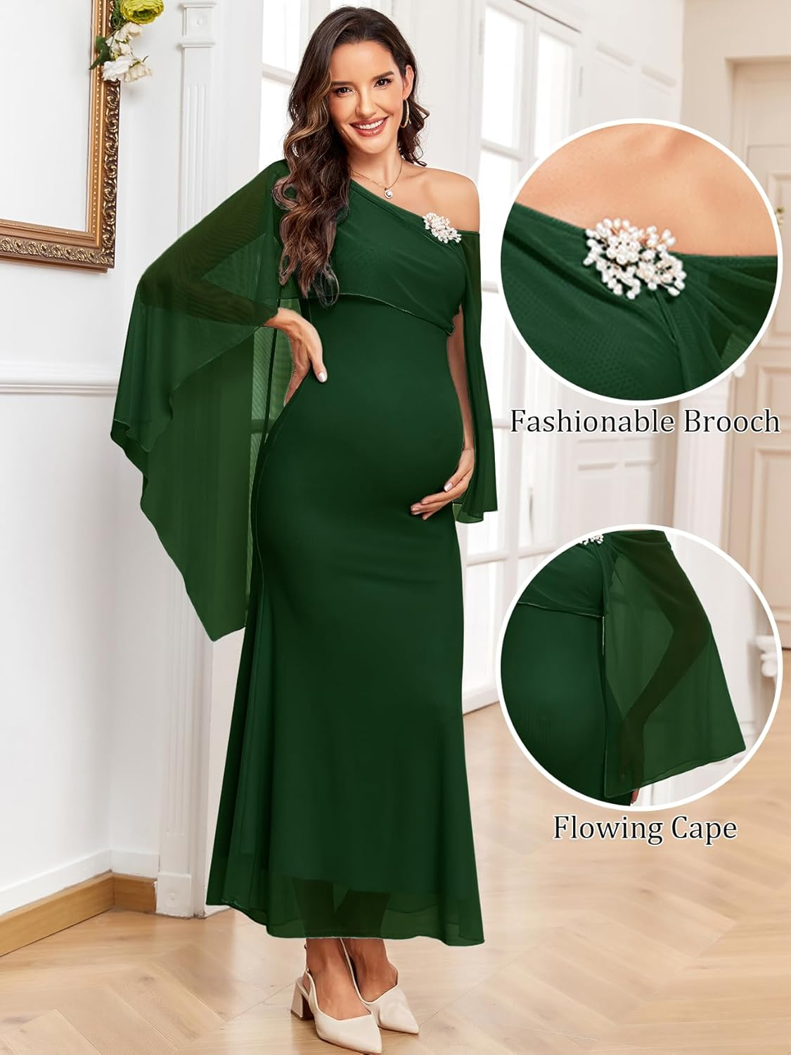 Cape Maternity Mesh Dress One Shoulder Maxi Mermaid Pregnancy Dress with Brooch Formal Baby Shower Photoshoot