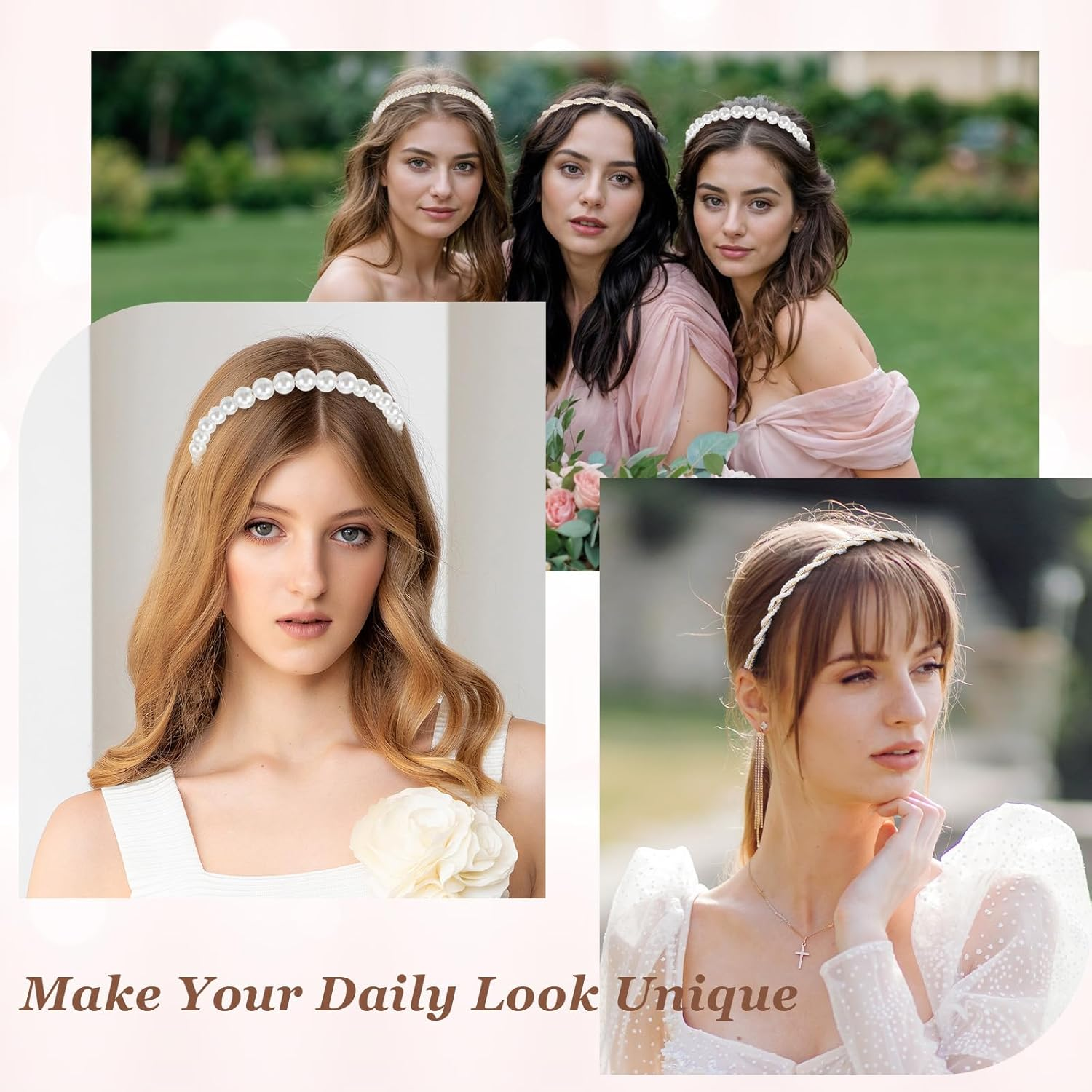 4 Pack Pearl Headband White Gold Girl Pearl Headbands Metal Thin Head Band, Artificial Pearls Headpiece Hair Accessories for Women Girls, Bridal Wedding Party Hair Hoop image number 2