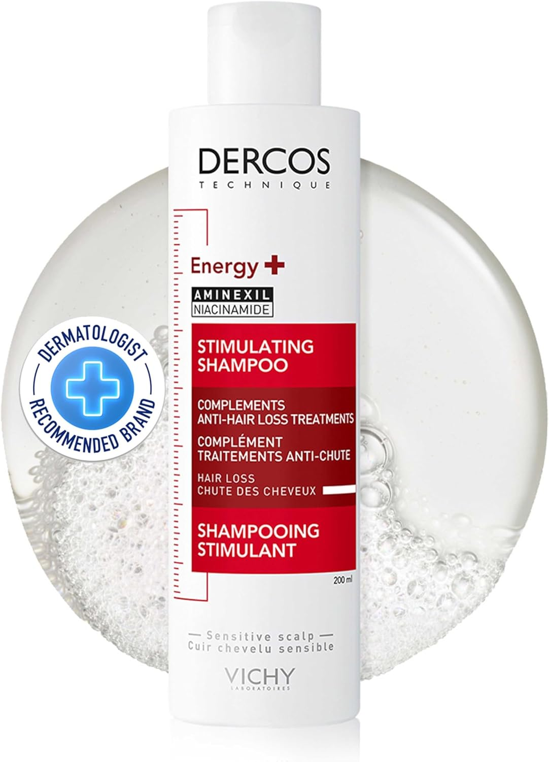 Vichy Dercos Stimulating Shampoo Complements anti Hair Loss Treatments 200Ml, for Thinning Hair, Hypoallergenic Formula Tested on Sensitive Scalp, Energy plus Aminexil + Niacinamide + Amino Acid + Ceramides image number 3