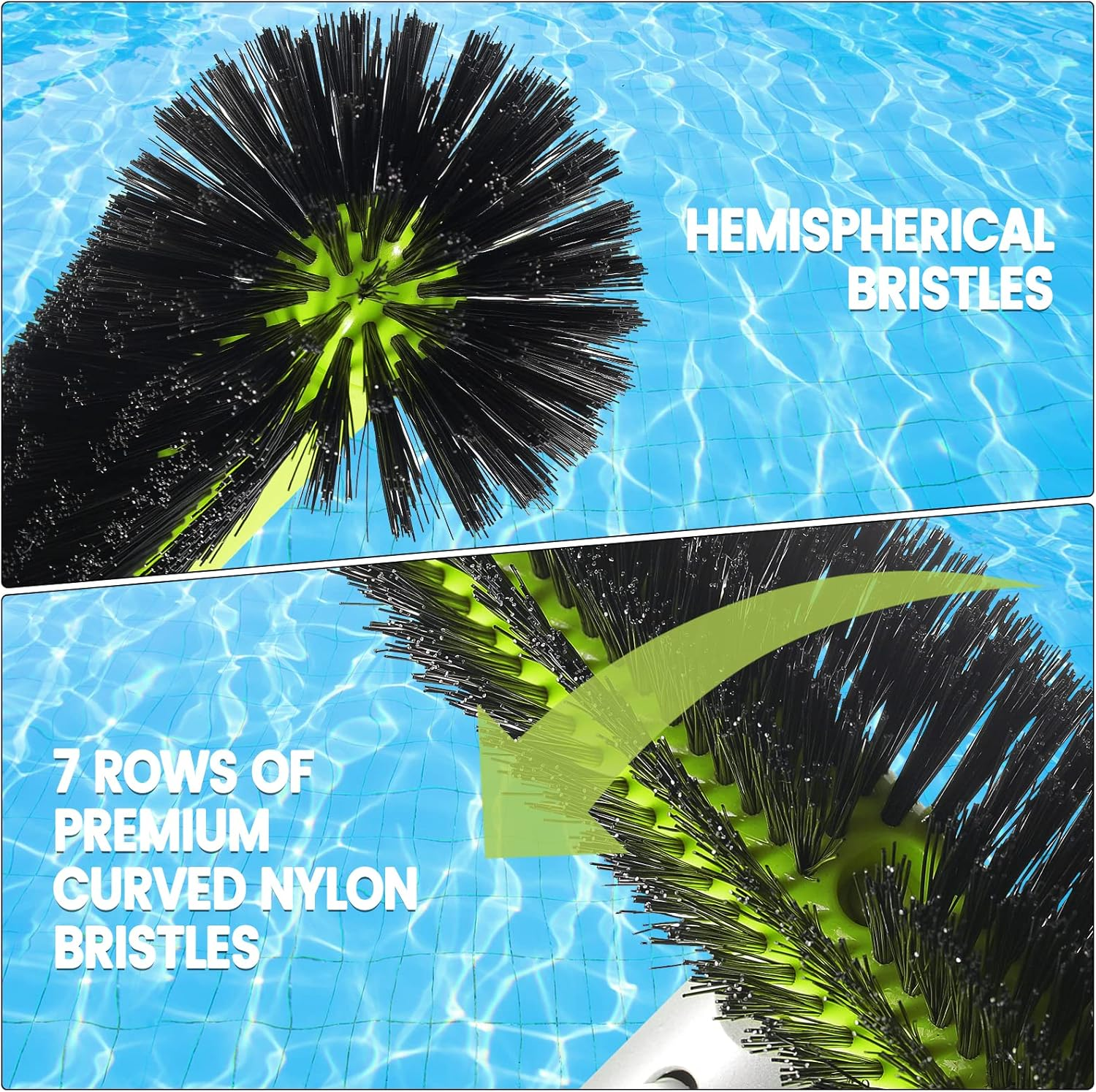 Swimming Pool Brush Head with round Ends,17.5" Heavy Duty Aluminum Back Head for Cleans Walls, Tiles & Floors, 7 Rows Premium Nylon Bristles with EZ Clips (Green Black) image number 1