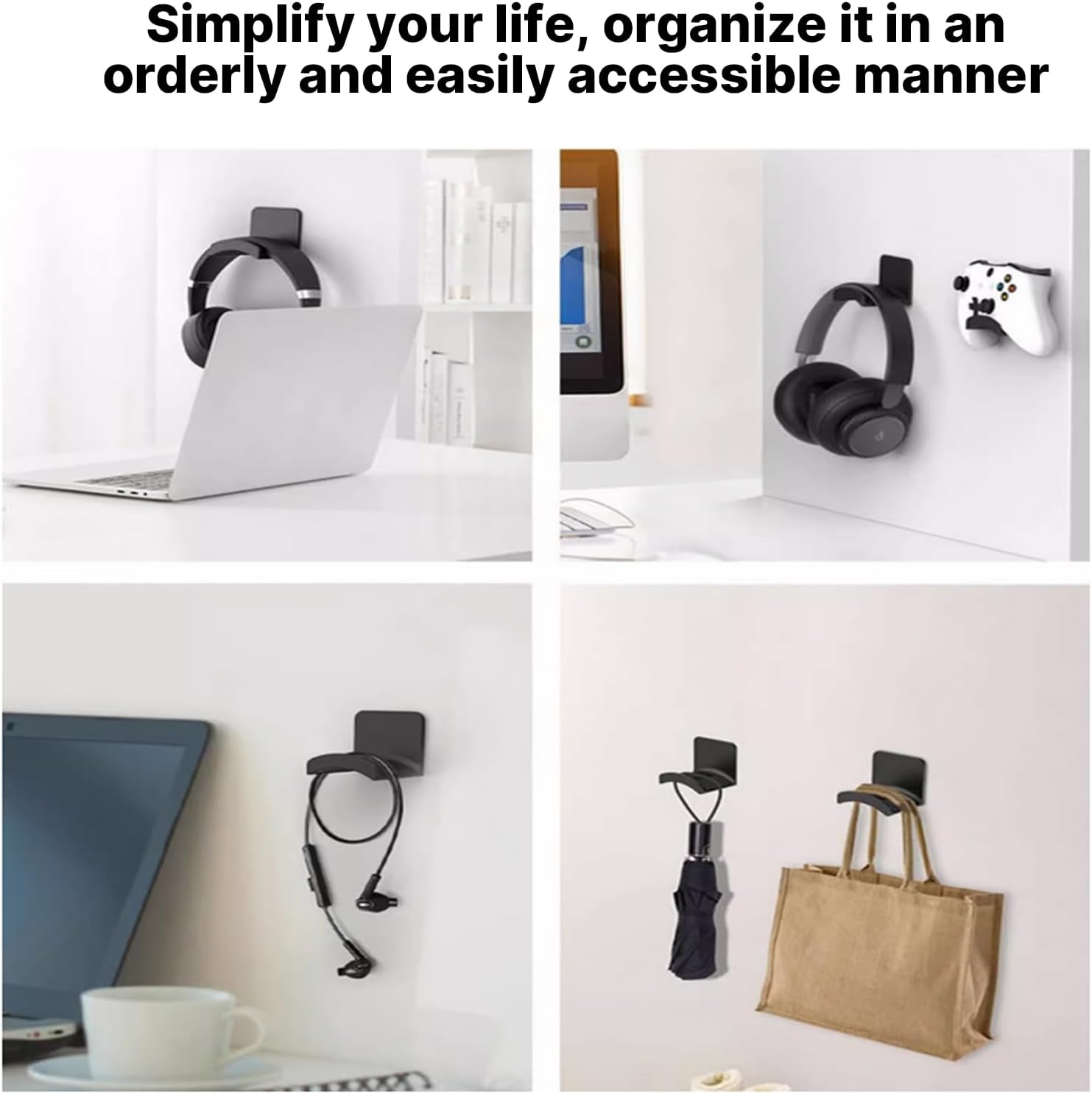 Universal Headphone Stand Holder &ndash; Adhesive Headset Hanger Hook for Wall & under Desk Mount &ndash; Fits Beats, Sony, Bose, JBL, Gaming Headphones & Controllers &ndash; Black (2 Pack) image number 4