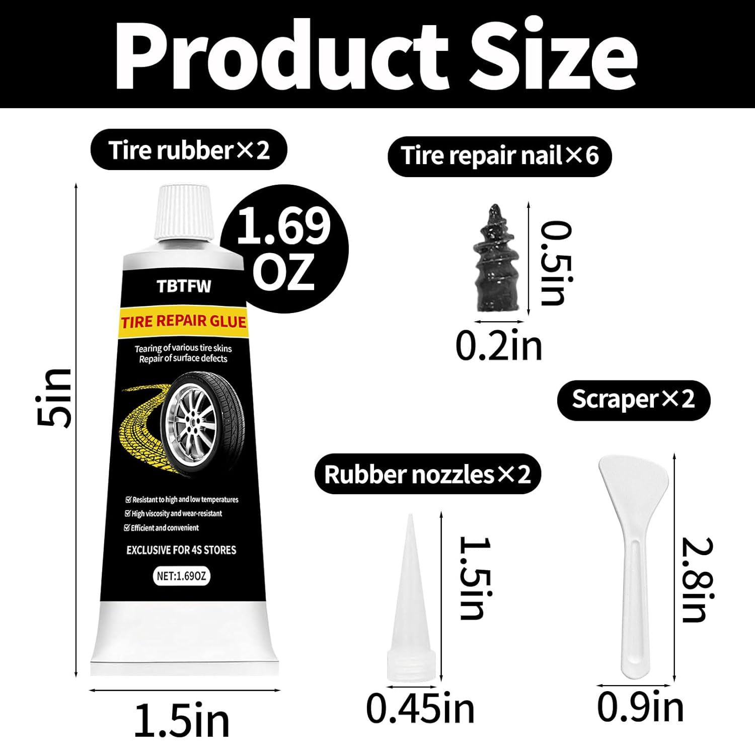 2Pcs Tire Repair Glue, Black Rubber Cement Tire Repair, Sidewall Tire Repair Kit, Equipped with 6 Tire Repair Nails, Suitable for Motorcycles, Off-Road Vehicles, Cars and Other Vehicle Models(1.69Oz) image number 6
