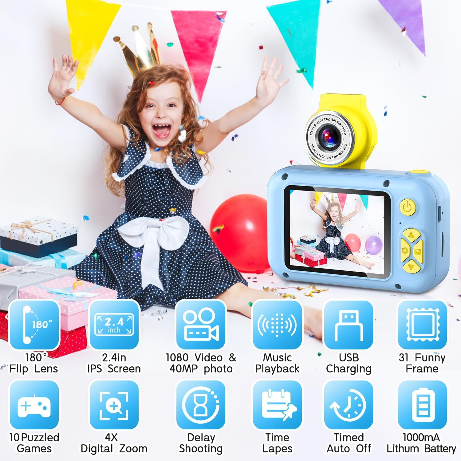 ARNSSIEN Kids Camera Toy for 3 4 5 6 7 8 9 10 11 12 Year Old Girls/Boys,Kids Digital Camera for Toddler with 180&deg;Flip Lens&2.4In IPS Screen,Birthday Festival Present Toy for Girls/Boys,32 GB Card,X101 image number 4