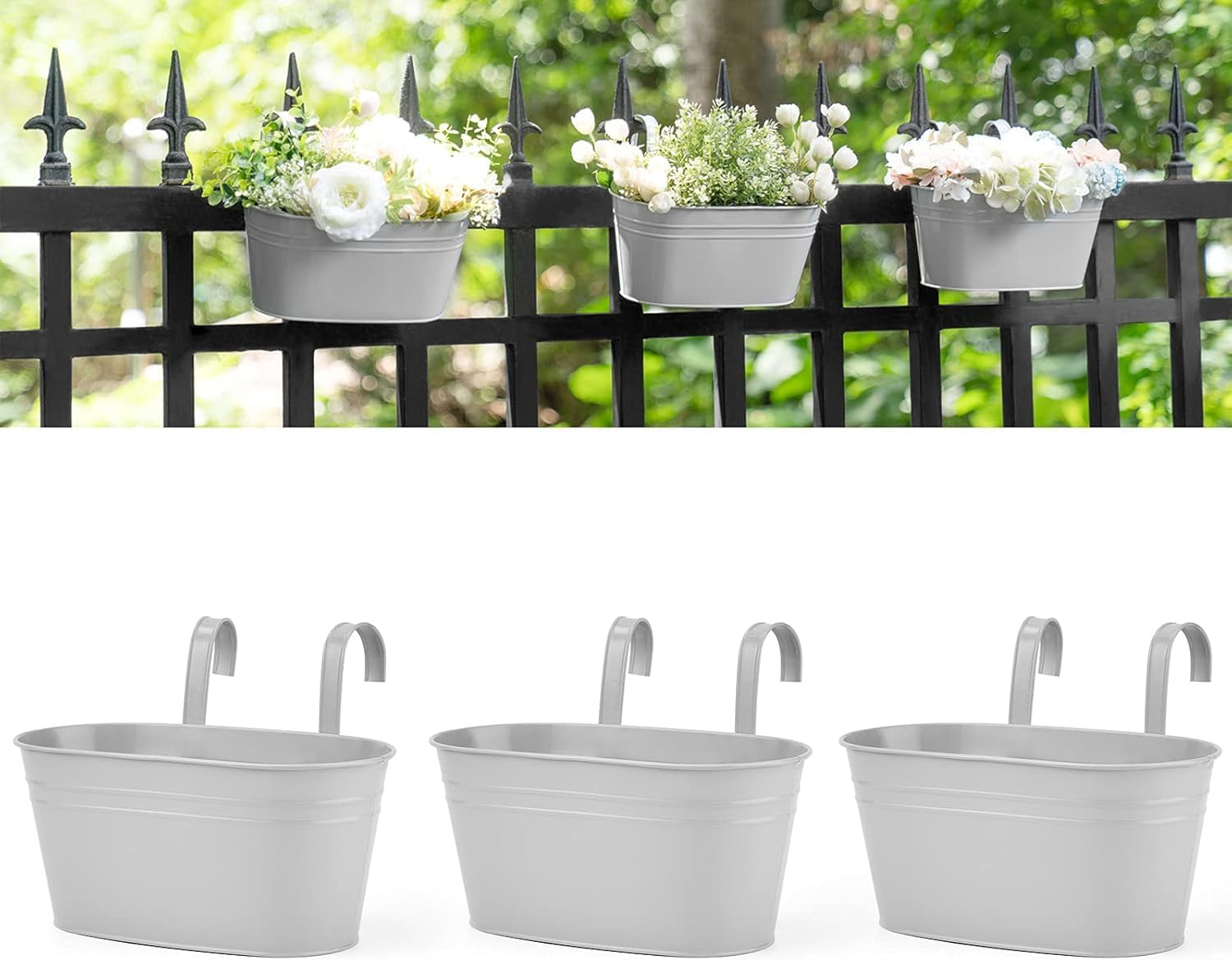 Metal Iron Hanging Flower Pots for Railing Fence Outdoor Planter - 3 Pcs Countryside Style Window Flower Plant Holder with Removable Hooks for Home Decor (Grey)