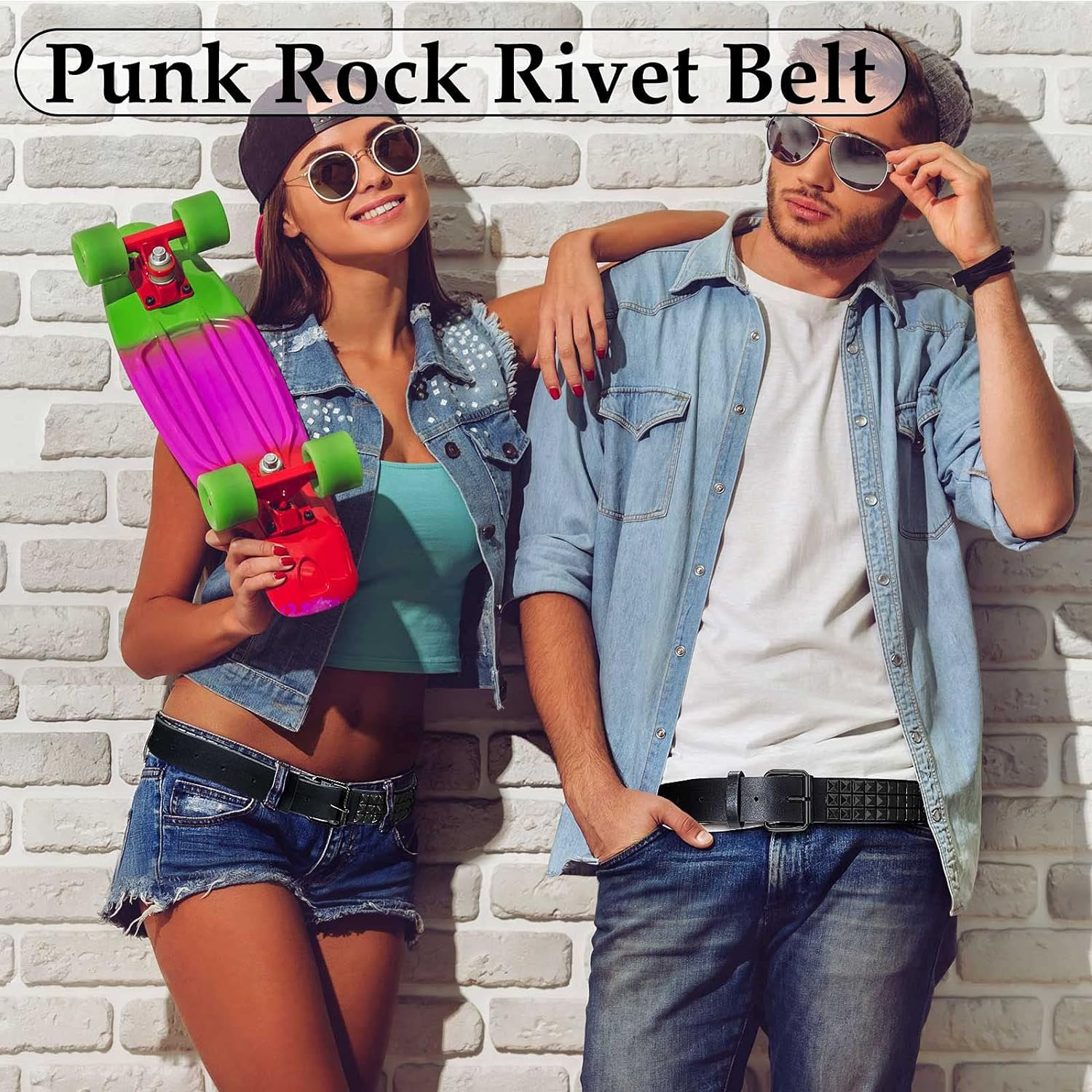 Geyoga Studded Belt Metal Punk Rock Rivet Belt Punk Leather Belt Threads Studded Goth Belt with Pyramid Studs for Women Men image number 5