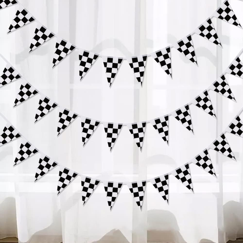 48Pcs Black White Lattice Checkered Flag Bunting Banner, Betterjonny 4 Pack Reusable Pennant Banner Triangle Racing Flag Bunting Pennant Banner for Party Christmas Birthday Bedroom Decoration image number 2