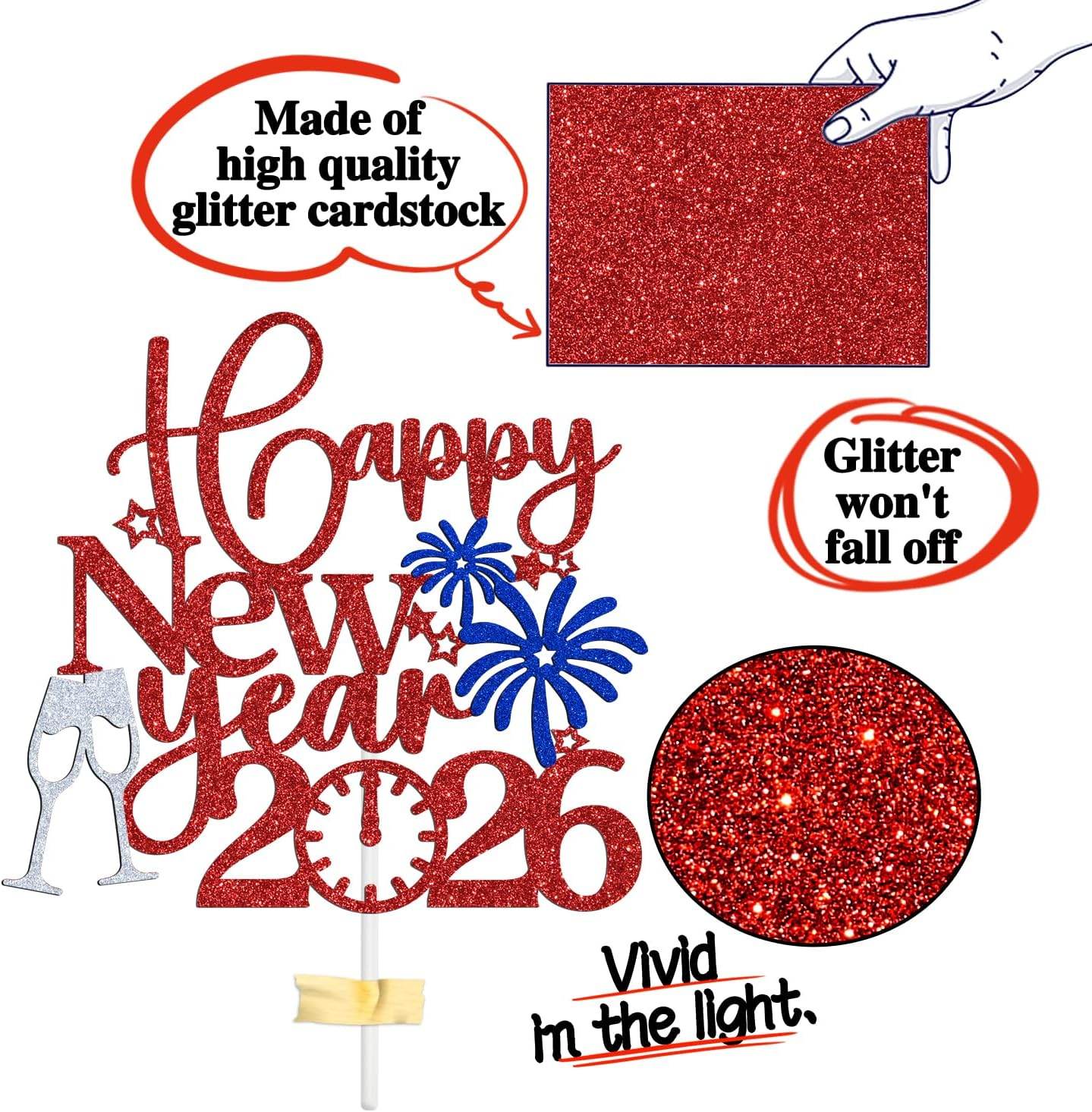 Happy New Year 2025 Cake Topper, Welcome 2025 Goodbye 2024, New Year Eve/Happy Hoilday/Merry Christmas Party Decorations Supplies, Photo Props, Red and Blue Glitter image number 6