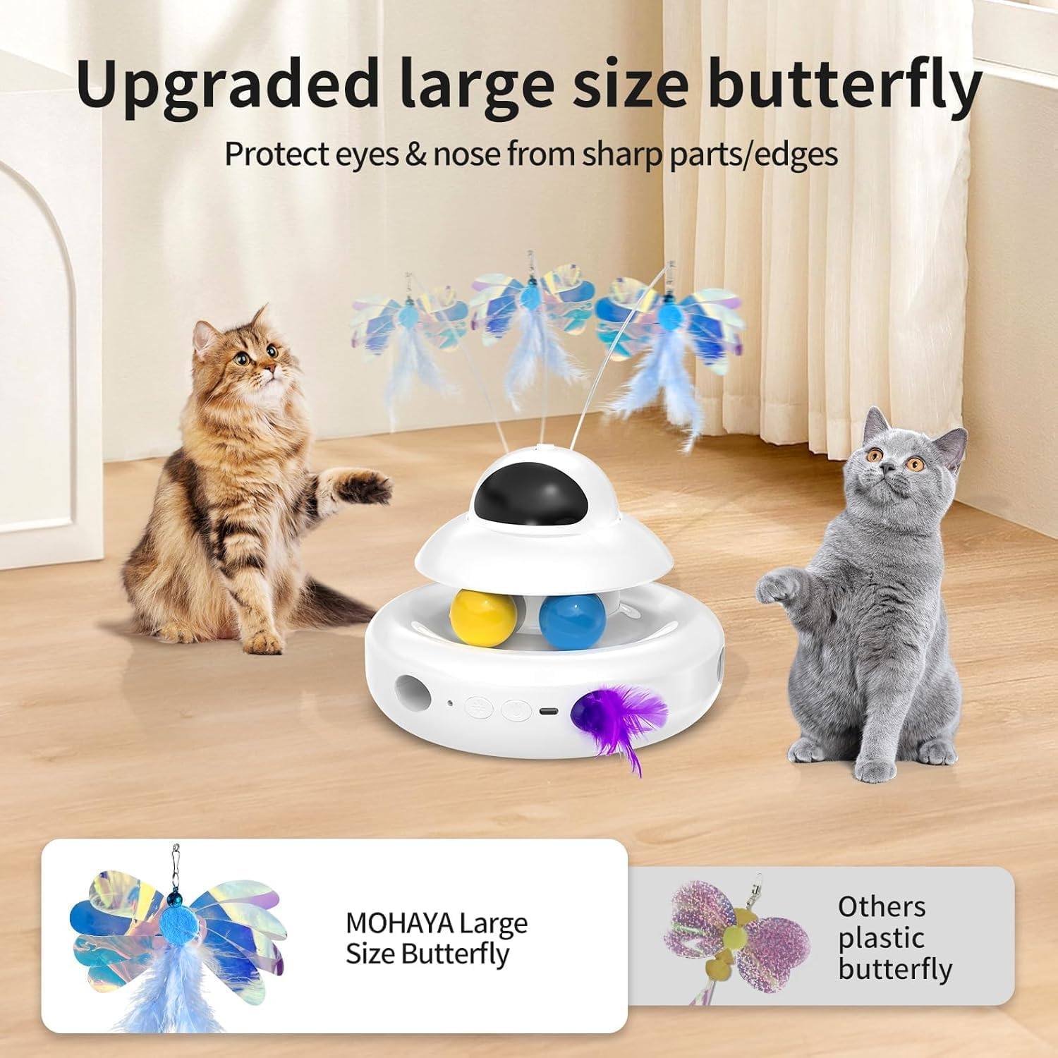 Cat Toy,Interactive 4-In-1 Automatic Cat Toys for Indoor Cats,Electronic Whack a Mole, Fluttering Butterfly,Track Balls Kitten Toy,Feather Toys for All Breeds image number 5