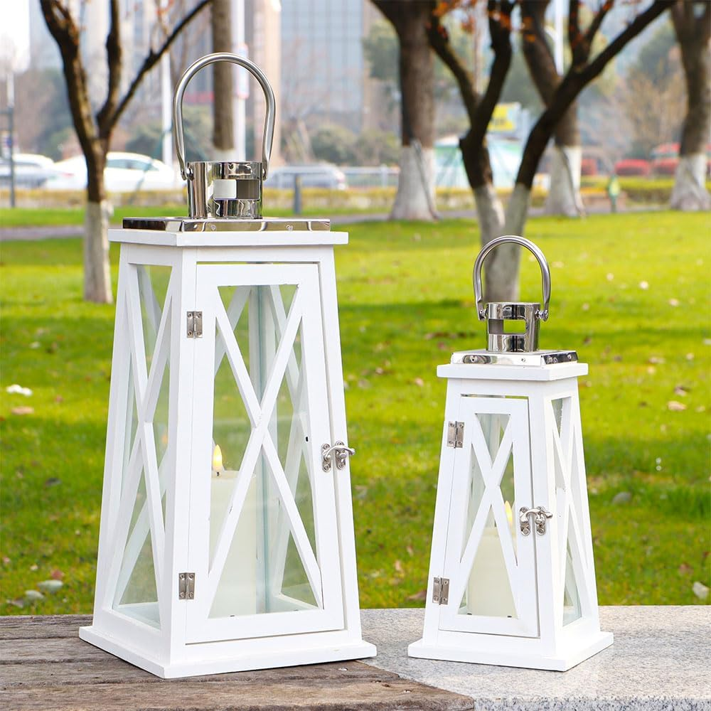 TRIROCKS Set of 2 Farmhouse Wooden Lantern 56&40 Cm Tall Metal Decorative Candle Holders with Tempered Glass Rustic Hanging Lantern for Patio Garden Wedding Parties Indoor Outdoor(White) image number 4