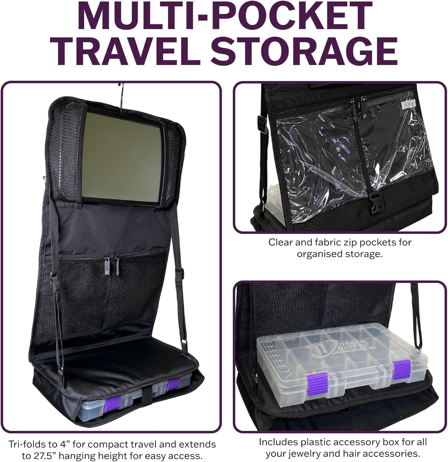 Dream Duffel Attitude Hanging Accessory Case, Black Makeup & Hair Organiser with Mirror, Travel Toiletry Storage Bag image number 5