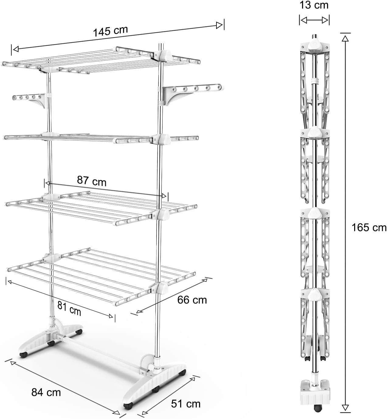 Todeco - Laundry Drying Rack, Clothes Airer - Material: Stainless Steel Tubes - Maximum Load: 6.7 Lbs per Support Bar - 4 Shelves, White, with Wings