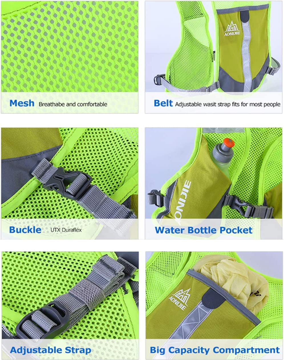 AONIJIE Men Women Ultralight Running Vest Pack Reflective Breathable Hydration Backpack for Hiking Camping Marathon Cycling Race - Green image number 4