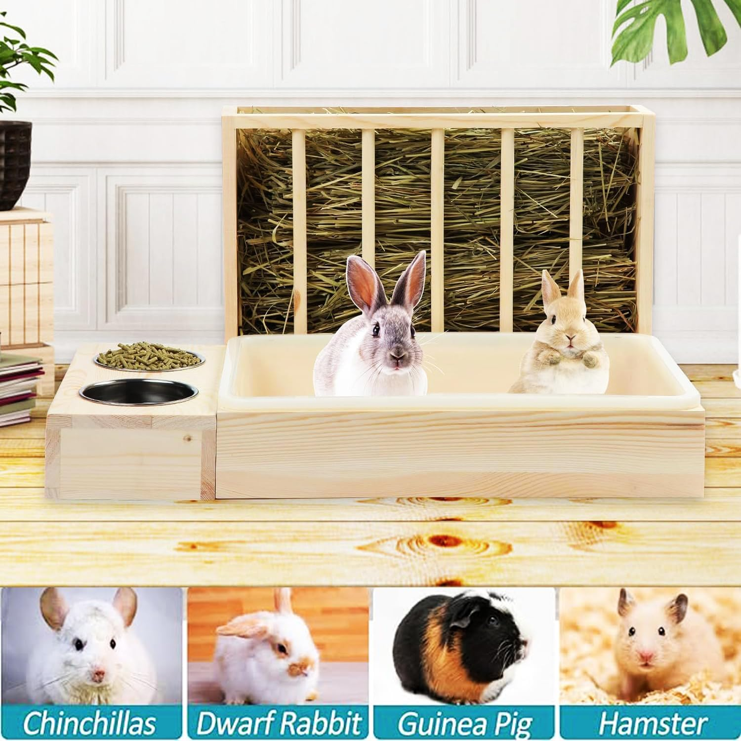Lxcshljx 3 in 1 Rabbit Hay Feeder with Litter Box, Wooden Bunny Feeder Holder with Toilet and Bowls Combo, Small Animal Hay Rack Manger for Chinchillas, Hamster, Dwarf Rabbit, Guinea Pig, Ferrets image number 4