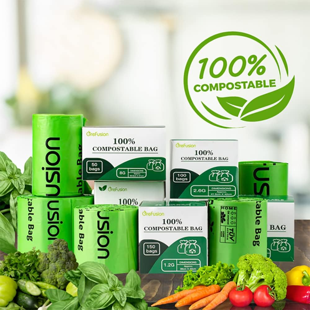 Grefusion Compostable Trash Bags for Kitchen Bin 1.2 Gallon, 125 Count, Small Food Scrap Waste Bags for Countertop Bin, BPI, ASTM D6400 and OK Compost Certified - 1.2G-150Count image number 3