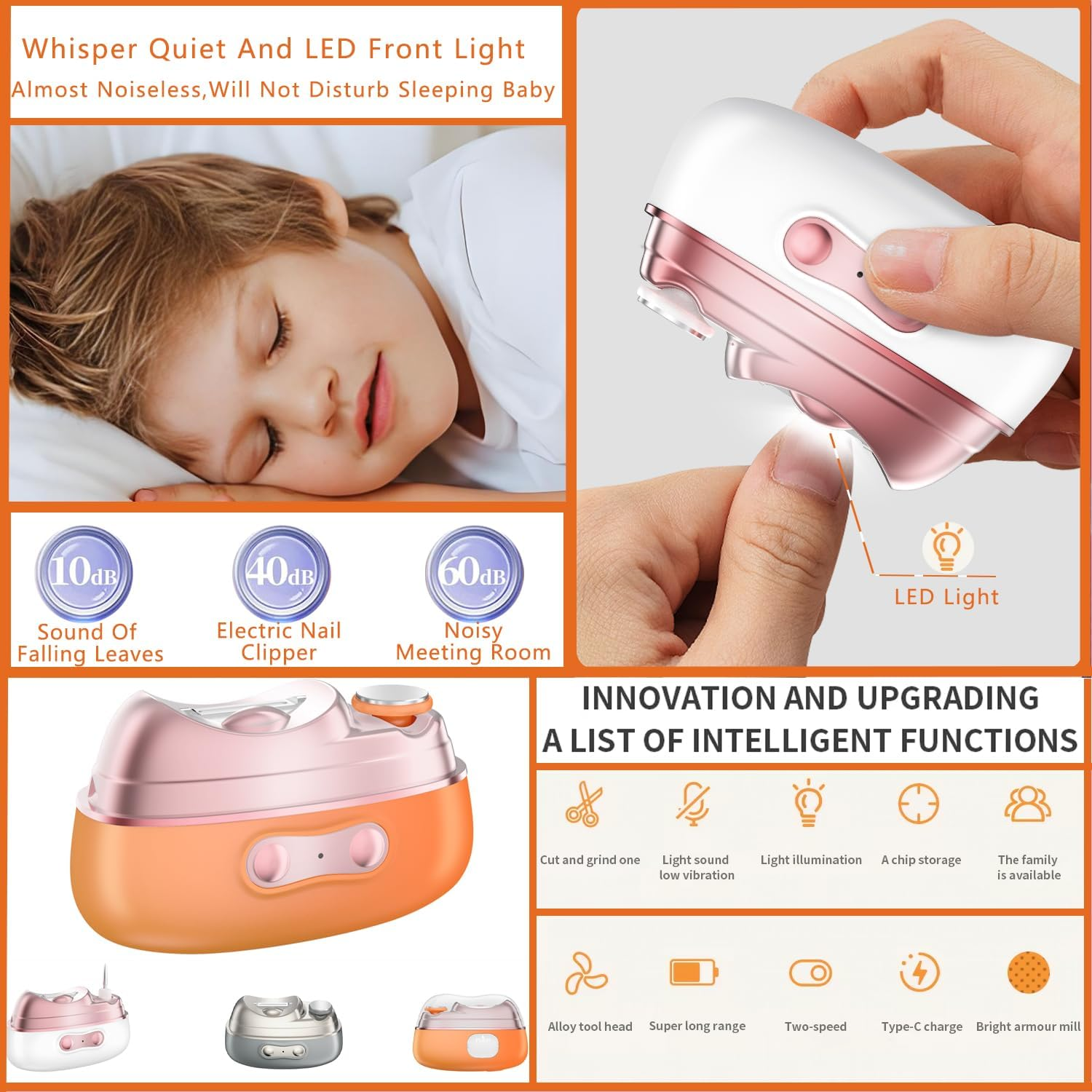 4 in 1 Automatic Electric Nail Clipper & Polisher with Built-In Storage, LED Light, 2 Speeds &ndash; Toenail Trimmer for Baby/Seniors, Ideal Gift for Family and Friends (Grey) - Orange image number 6