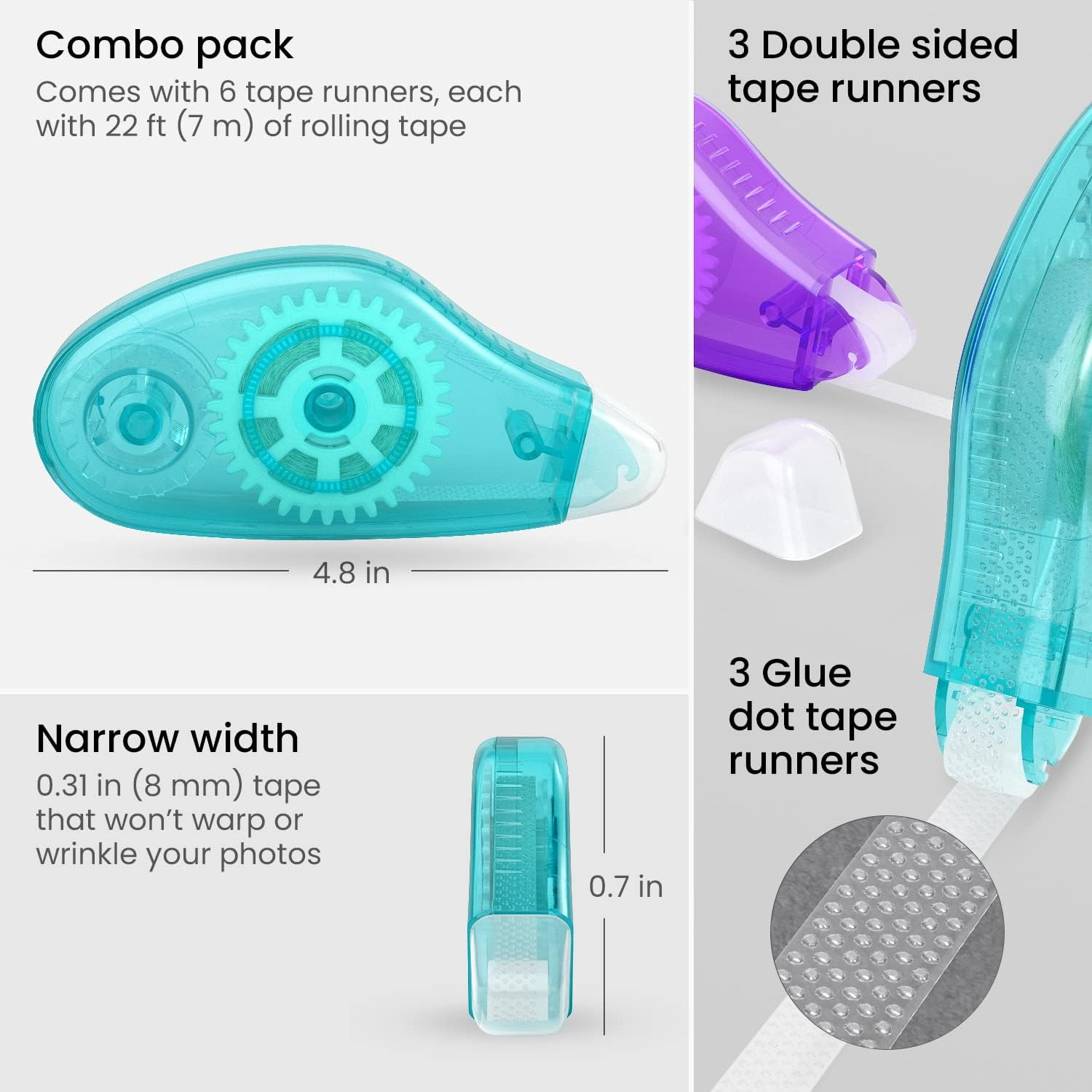 Arteza Double-Sided Tape Runner, Pack of 6, 0.31 Inches X 22 Feet, 3 Glue-Dot and 3 Smooth Adhesive Tape Runners, Craft Supplies for Scrapbooking, Gift Wrapping, and Paper Art