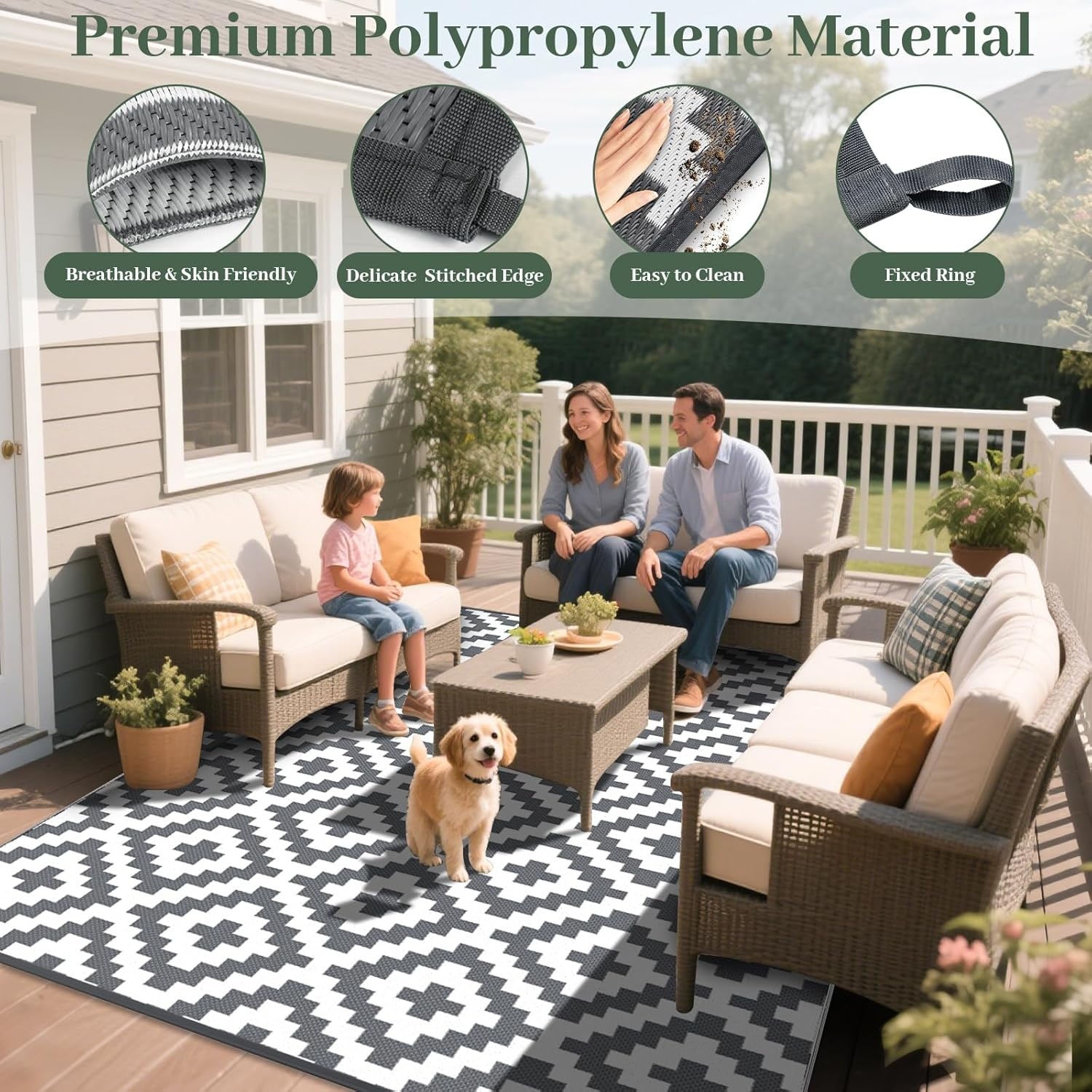 MOKANI Outdoor Rug for Patios Waterproof (150X240Cm), Anti-Slip Plastic Straw Garden Mat Carpet UV Resistant Indoor Area Rugs for Camping, Deck, Beach, Picnic, Backyard image number 4