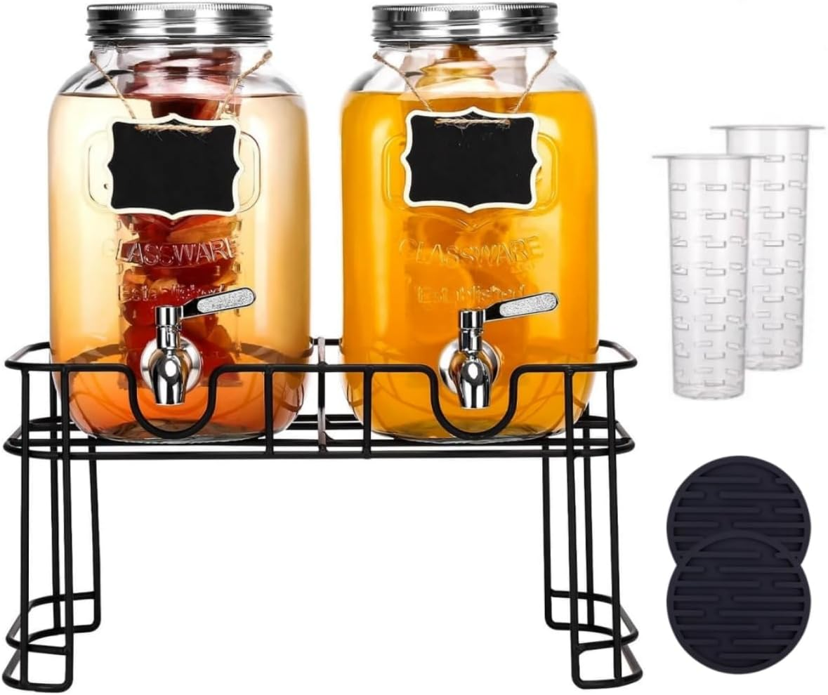 9SHOME 1 Gallon Glass Drink Dispenser with Stand, 2 Pack Beverage Dispenser with Fruit Infuser, Water Juice Lemonade Dispensers with Stainless Steel Spigot & Silicone Coaster for Parties image number 6