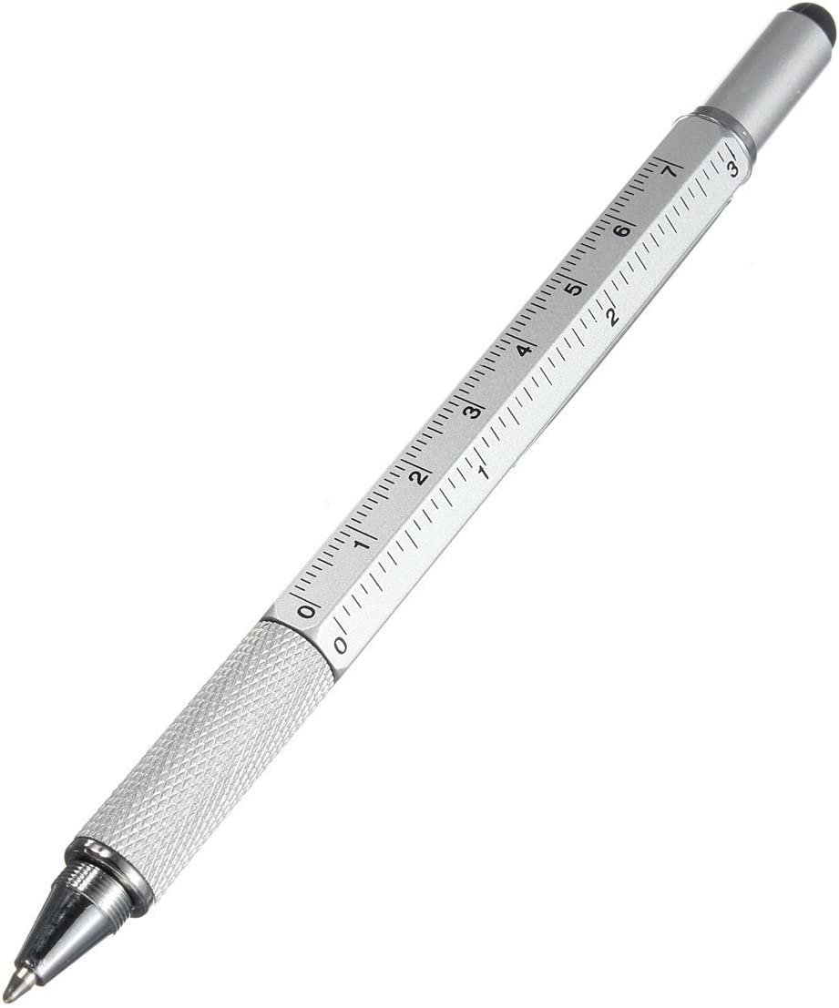 6 in 1 Tech Tool Pen with Ruler, Ballpoint Pen, Levelgauge, Stylus and 2 Screwdriver, Sturdy Aluminum Multifunction Tools Pen for Smartphones and Tablets (Silver) image number 2