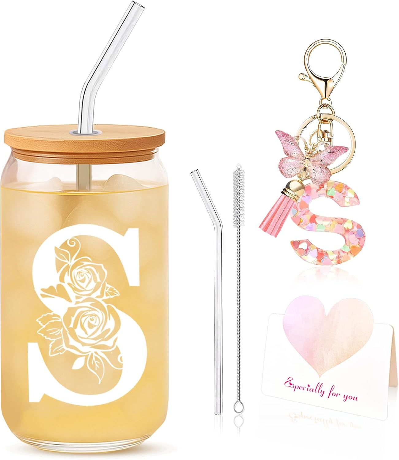 DAMCONME Bridal Shower Gifts,Personalized Bridesmaid Wedding Gift Set&ndash;Initial Glass Cups with Lids and Straws,Initial Letter Keychain&ndash;Unique Bachelorette Party Supplies Gifts for Sister Bestie&ndash;S image number 1