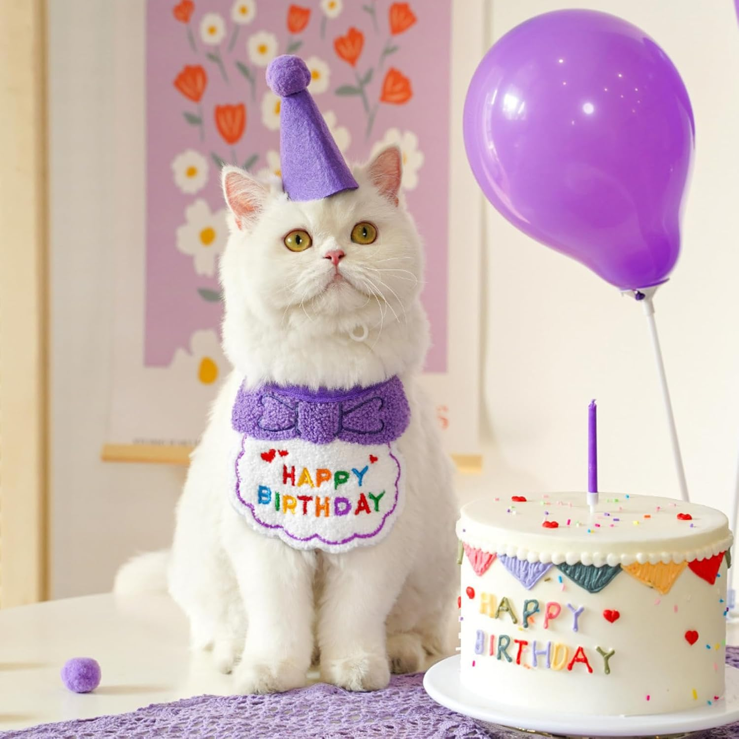 Cat Birthday Bandana and Hat Set, Adorable Pet Party Outfit, Adjustable and Comfortable, Happy Birthday Design, for Cats and Small Dogs (Purple) image number 2
