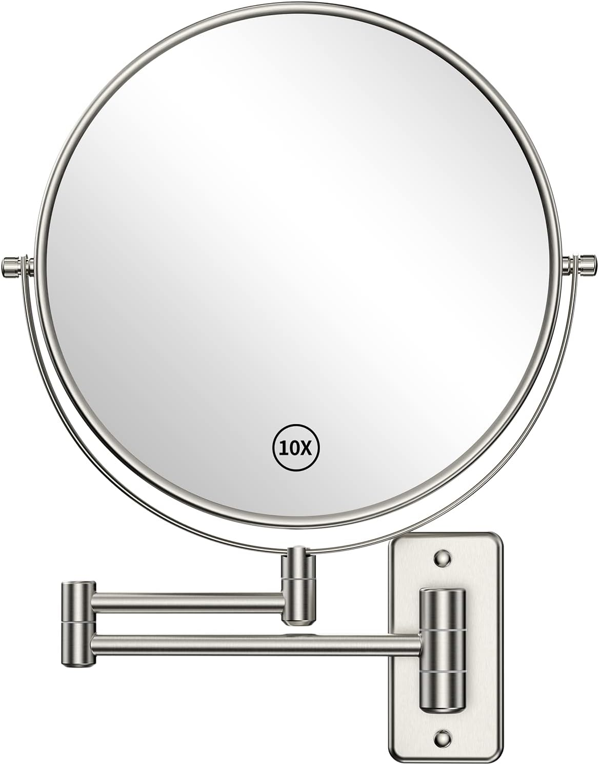 Benbilry 9" Large Size Wall Mounted Makeup Vanity Mirror, 1X/10X Magnifying Double Sided Shaving Mirror for Bathroom, 360&deg; Swivel Extendable Arm, Nickel Finish