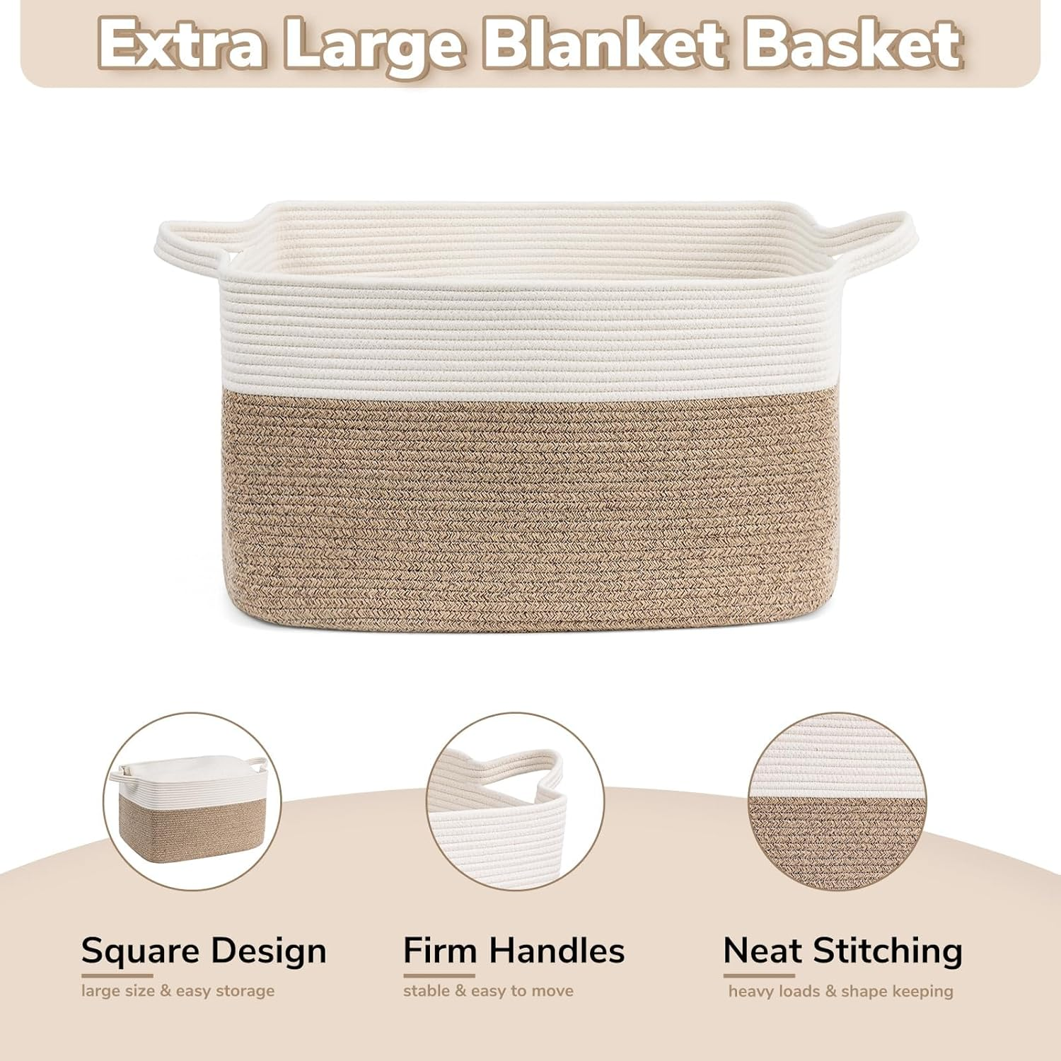 Large Basket, Storage Baskets for Organizing, XICEN Blanket Storage for Living Room, Bedroom, Rectangle Rope Baskets for Storage, Woven Baby Basket for Clothes, Towels, 55Cm X 38Cm X 30Cm image number 4