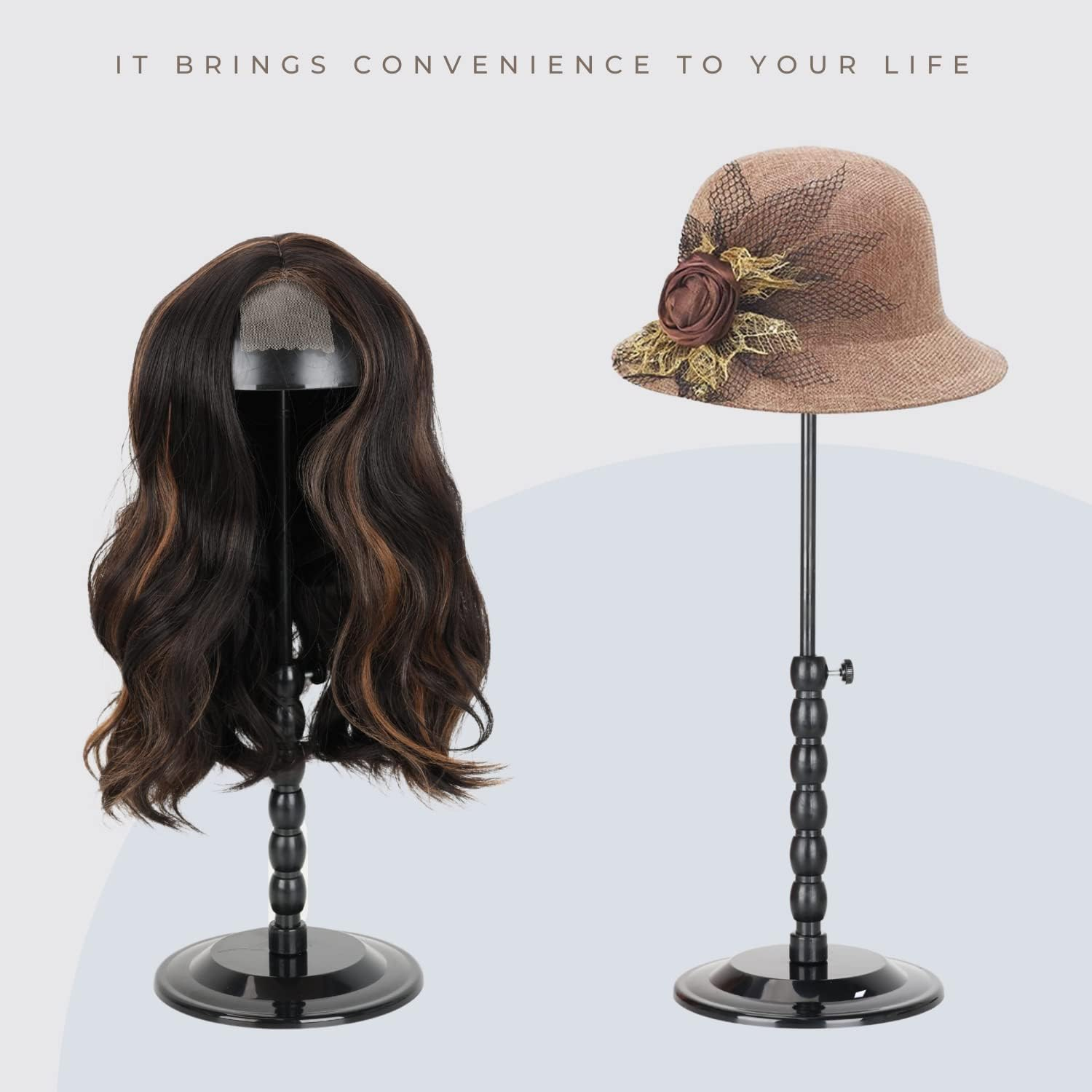 Lightmay Wig Stand - 2 Packs Portable Foldable Wig Hat with Velvet Cover Holder, Height Adjustable (12-18.8 Inches), Easy to Install, Black Plastic image number 3
