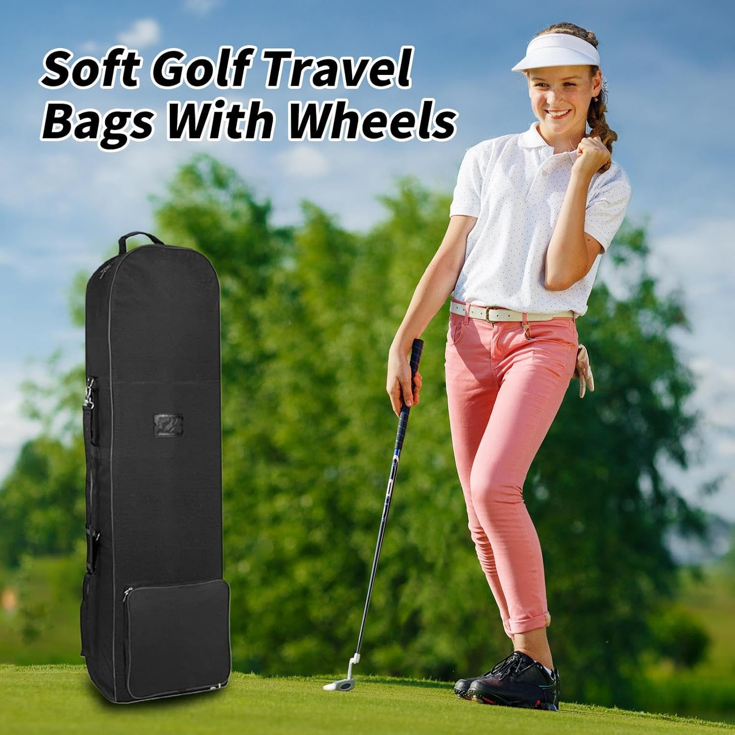 Golf Travel Bag with Wheels, Foldable Golf Equipment Pouch, Weather-Resistant Sports Accessories Carrier, Rolling Gear to Outdoors, Commuting, Vacation, Backpacking, Easy Transport image number 2