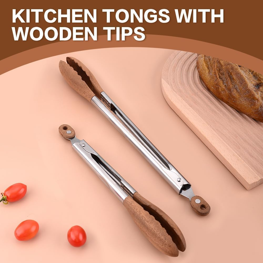2 Pack Walnut Wooden Kitchen Tongs for Cooking with Wooden Tips - Tongs Ideal for BBQ, Salad, Toaster, Bread & Pickles - Made of Natural Walnut Wood(12 Inch) image number 3