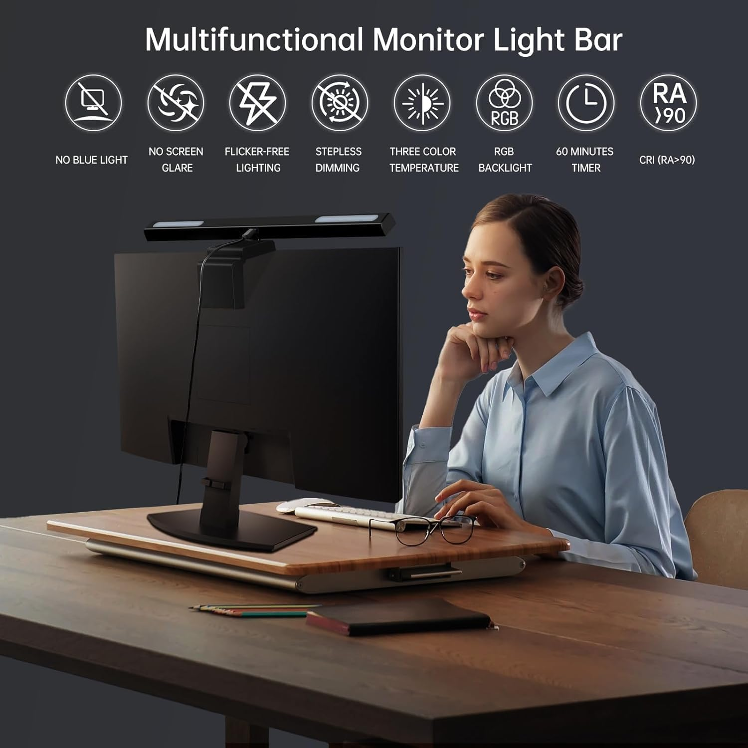 MUSOLA Flat Monitor Light Bar with RGB Backlight & 60-Min Timer, 3000-6000K Stepless Dimming, 0.3-0.8" Clamp for Office/Gaming, USB-C Eye Care Desk Lamp (Touch Control/Blue Light Filter) image number 2
