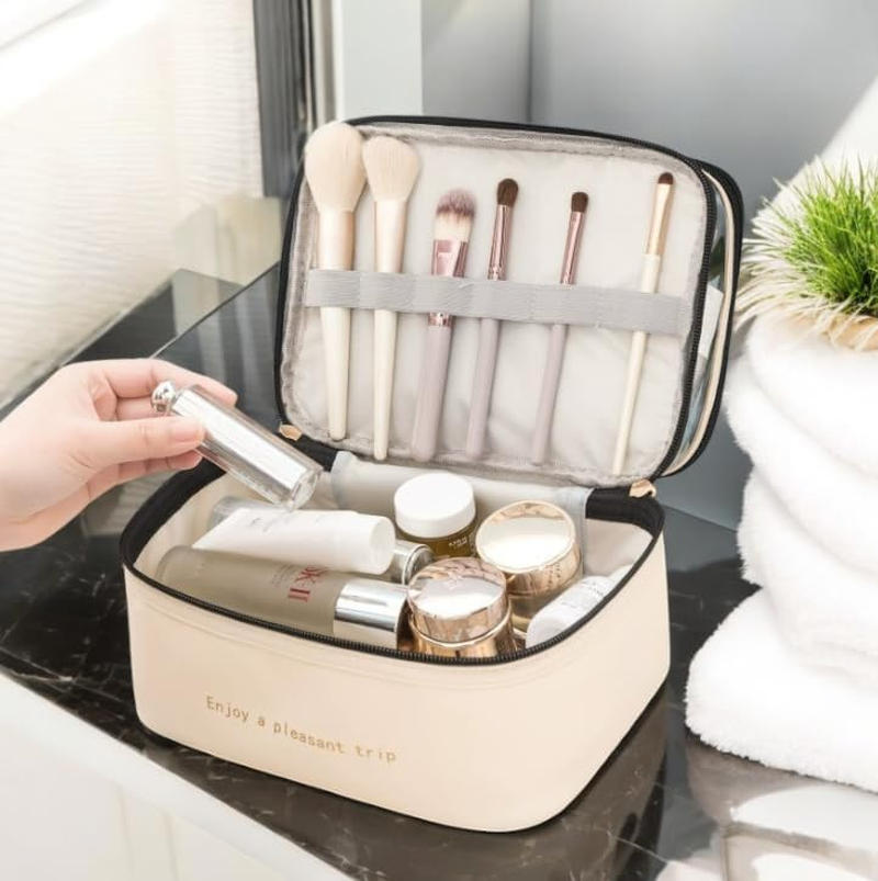 Travel Cosmetics Bag Waterproof Large Capacity - Makeup Toiletry Organiser with Double Zipper, Portable Washable Cosmetic Case for Women Men, Fashion Travel Accessories Storage Pouch (Cream)