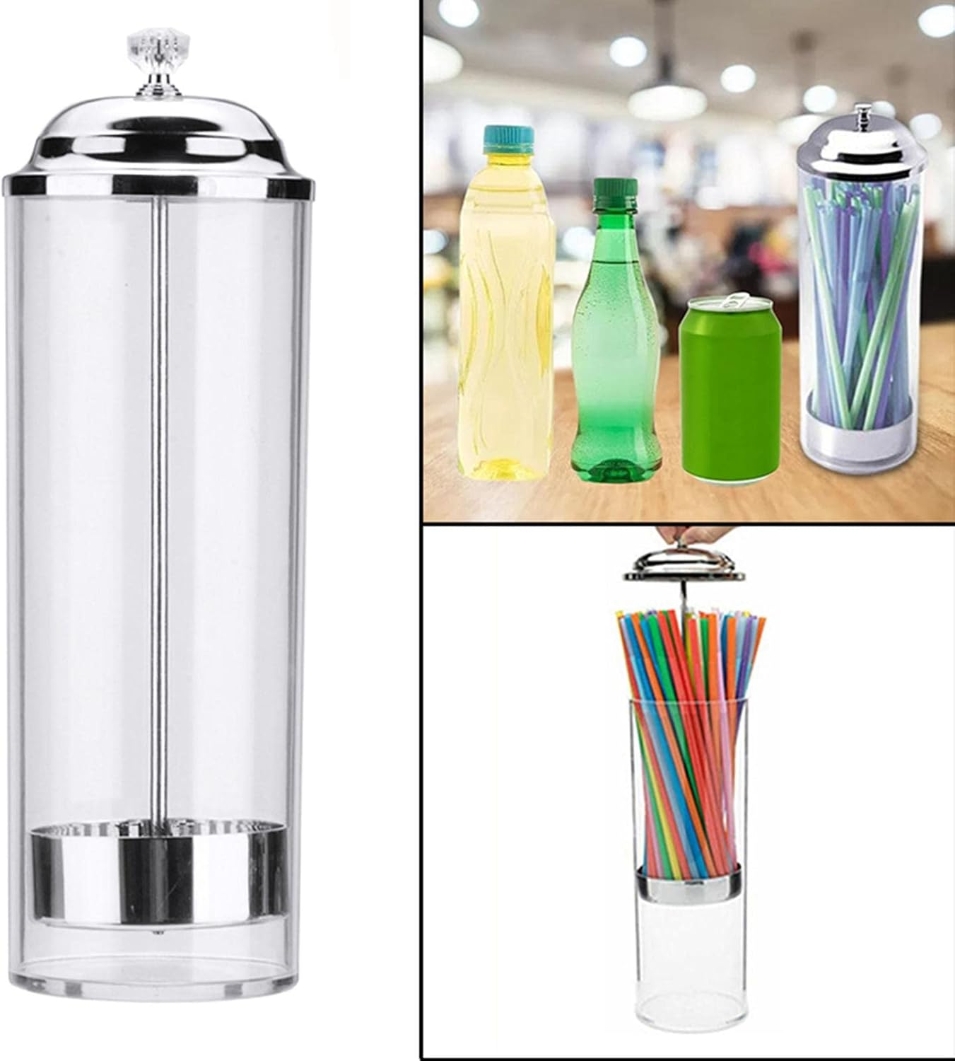 Plastic Straw Dispenser Container with Stainless Steel Lid Transparent Drinking Straw Holder Striped Plastic Straw Plastic Drinking Straw image number 1