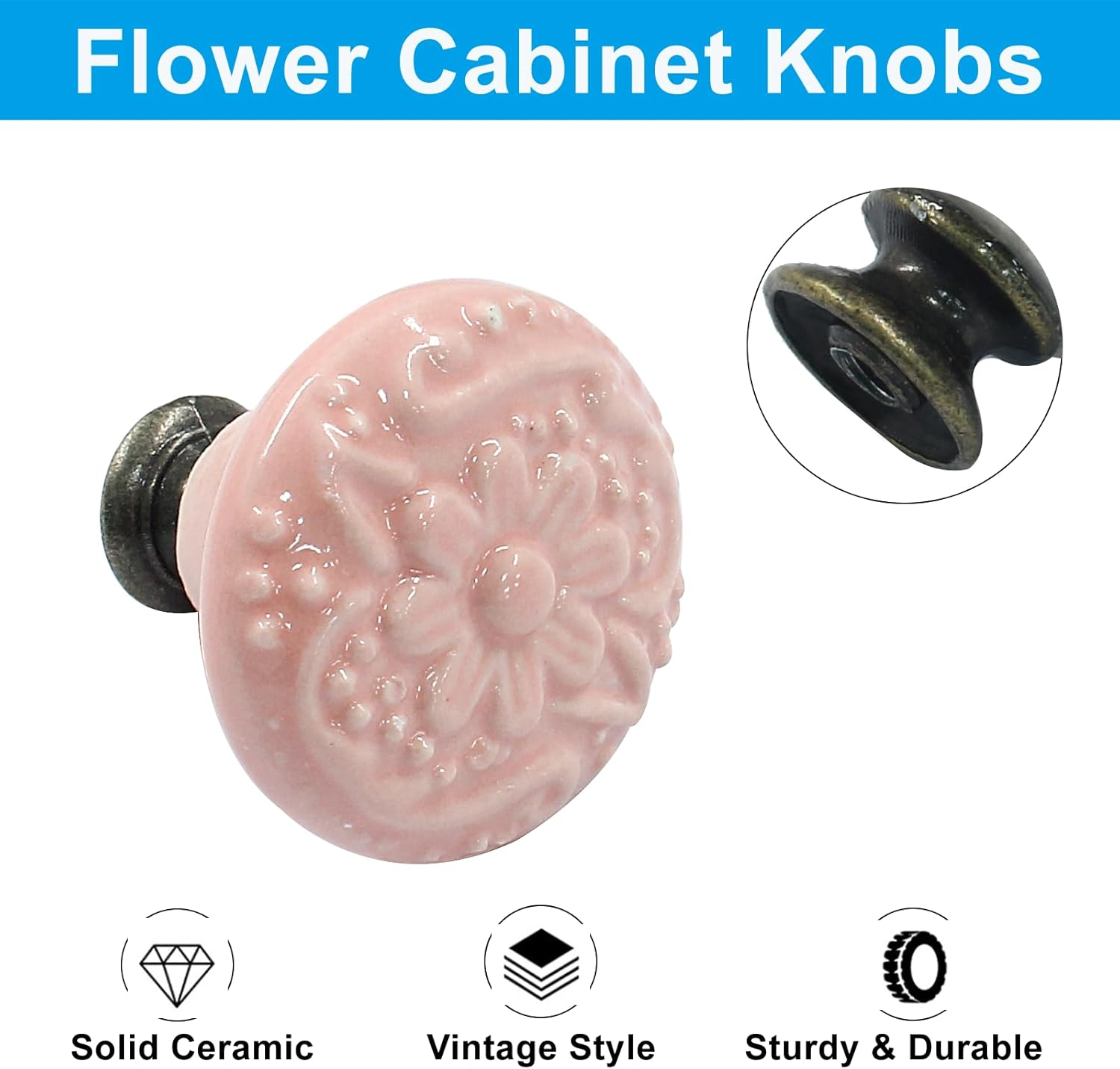 Piutouyar Ceramic Kitchen Cabinet Knobs, Pink, 10Pcs, 1.3Inch Diameter, Retro Style image number 6