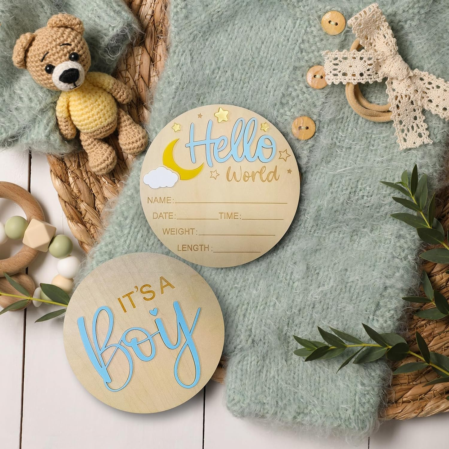 2Pcs Baby Announcement Sign Set, 5.9 Inch Hello World Newborn Sign and IT&rsquo;S a Boy Welcome Signs, Baby Name Sign with Ink Pad for Hand & Footprints, 3D Wooden Birth Gifts for Hospital Shower Nursery image number 5