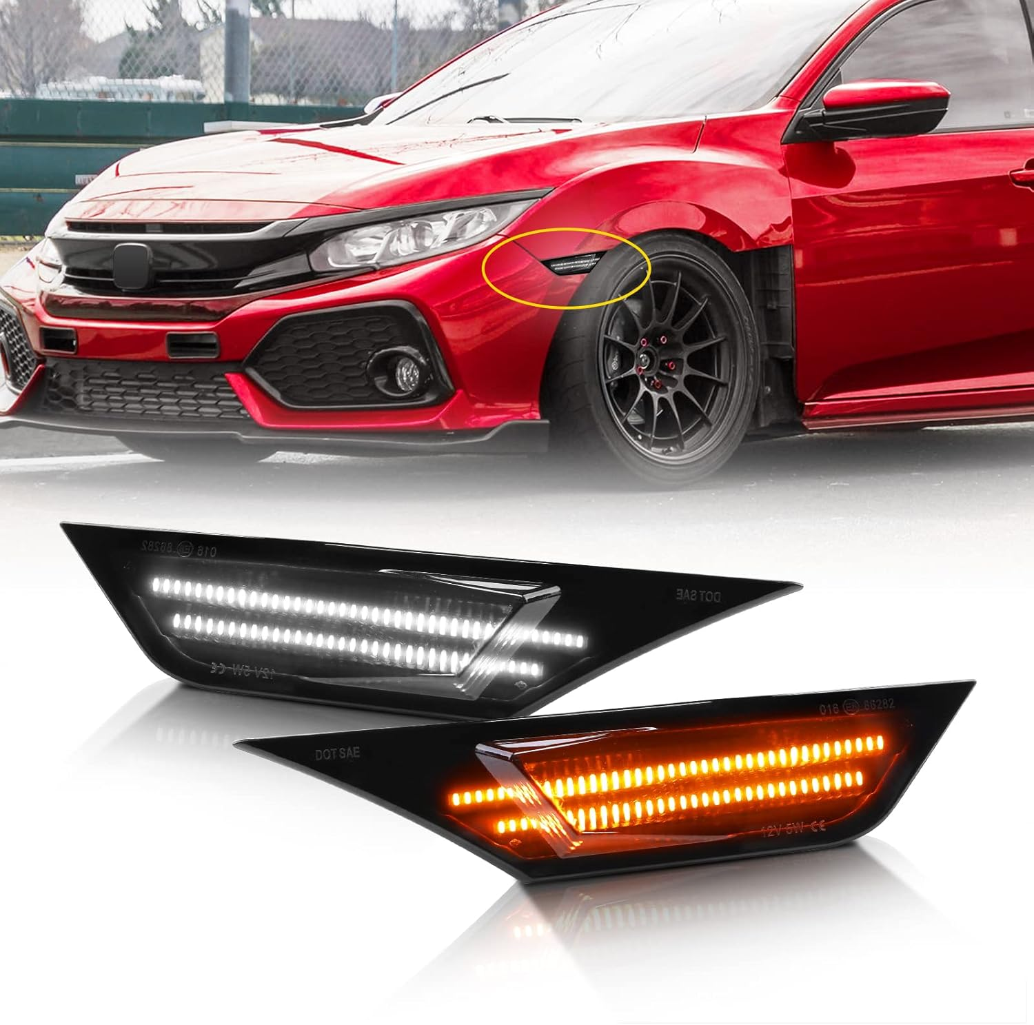 LED Side Marker Lights for Civic 2016-2021 Sedan Coupe Hatchback Switchback Amber Turn Signals White Running Position Lights Front Driver & Passenger Side,Pack of 2