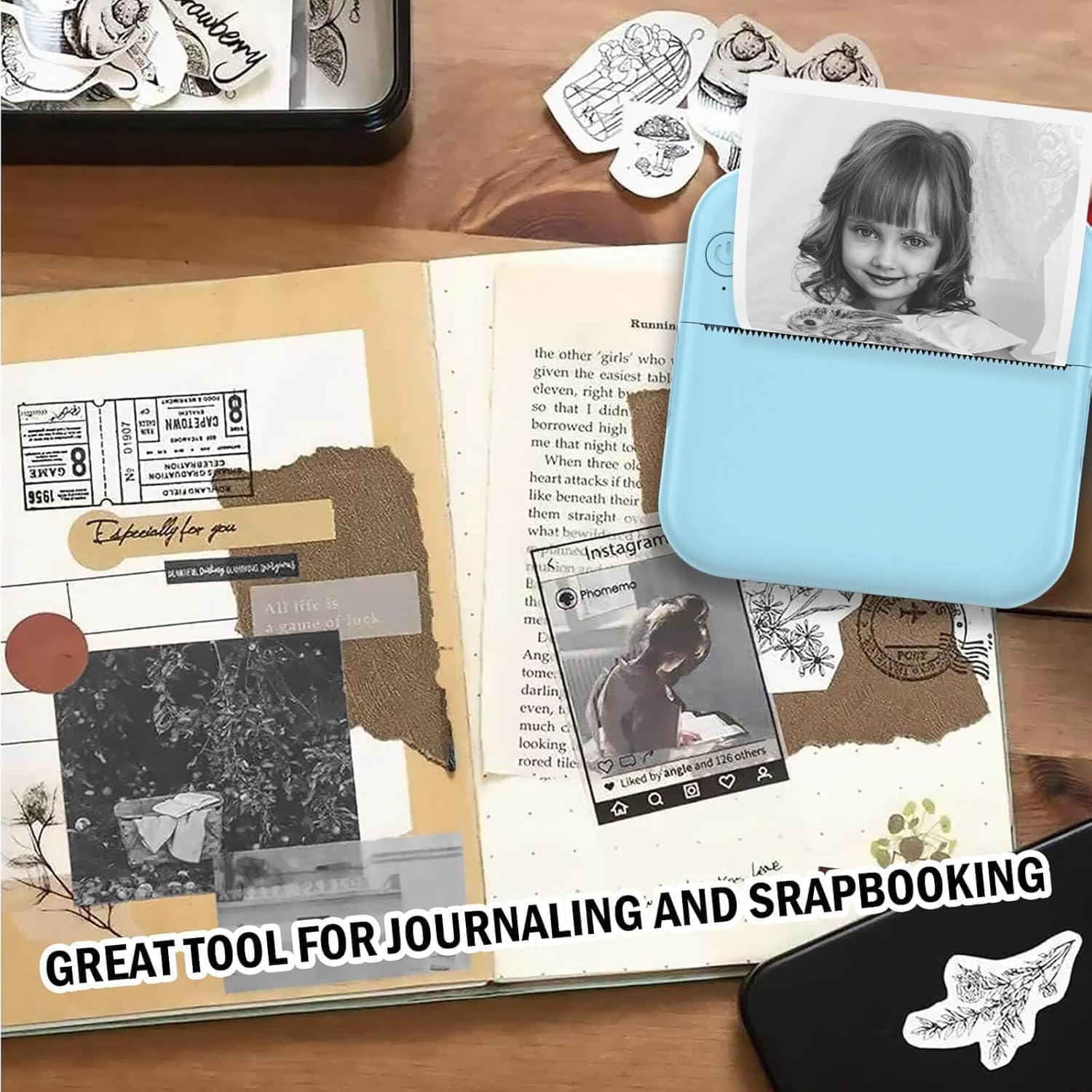 Pocket Printer for Iphone/Android,Wireless Mini Sticker Printer with 8Pcs Print Paper+5Pcs Sticke,Mini Pocket Printer for Customized, Portable Printer for OTES Journal Memo Photo Study (Blue) image number 6