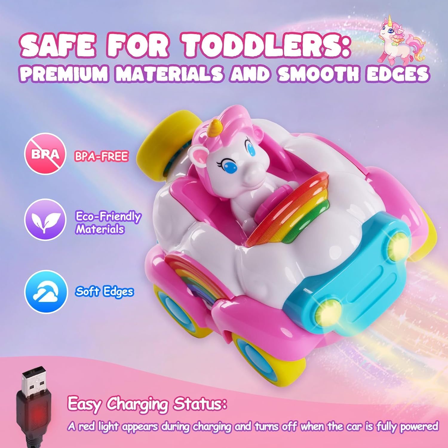 Remote Control Car, Pink Unicorn RC Cars, Cartoon RC Race Car with Cute Cool LED Lights, Toy Car with Music & Sound Toy for Toddler Kids, Baby Toys Birthday Gifts for Kids Girl Age 1 2 3 image number 3