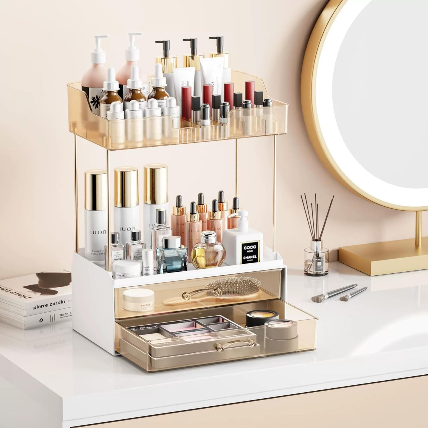 Bathroom Counter Organizer, 2 Tier 2 Drawer Makeup Countertop, Versatile Perfume Organizer, Makeup Organiser Storage, Large Skincare Organizers, Ideal for Bathroom Storage, Vanity, Perfume (Clear)