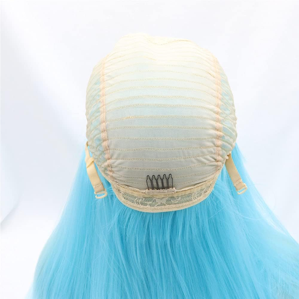 Xiweiya Wigs Long Straight Aqua Blue Synthetic Machine Made Wig Silky Full Heat Resistant Fiber Hair Middle Part Wig Free Wig Cap for Women 24 Inch for Family Makeup Party Cosplay