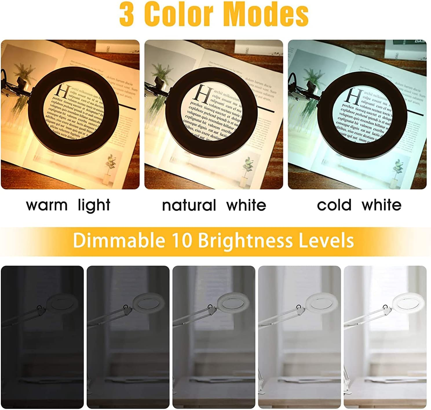 LED Magnifying Lamp, 8X Magnifying Glass Desk Light, 3 Color Mode 10 Brightness Level, 8-Diopter Magnifying Glass Clamp Lamp, LED Lighted Magnifier for Repair, Reading, Crafts, Close Works image number 3