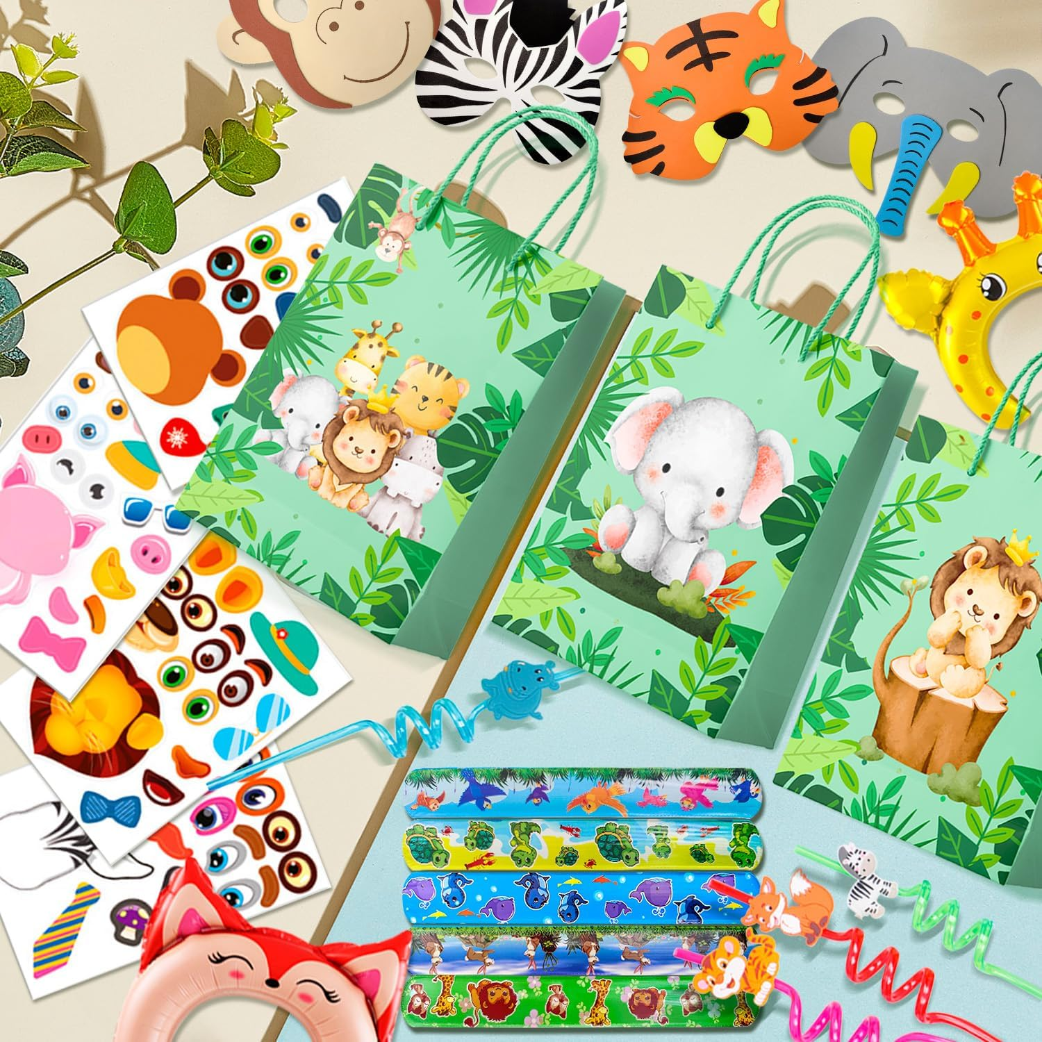 Jungle Safari Party Favors, 60Pcs Jungle Safari Birthday Party Favors Set Includes Safari Party Slap Bracelets Stickers Straws Balloon, Animal Mask, Safari Goodie Bags Etc Jungle Party Favors for Kids image number 5