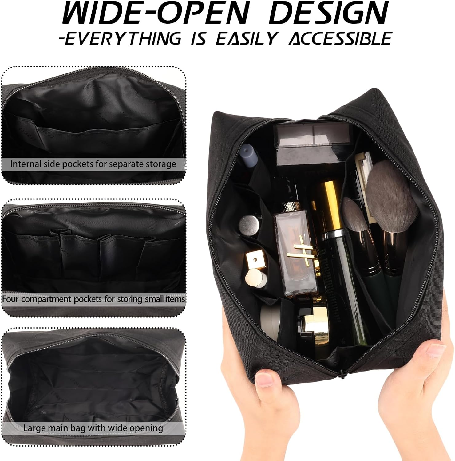 Supcomsta Make up Bag, Makeup Bags for Women, Travel Makeup Bag with RPET Recycled Fabric, Eco-Friendly Cosmetic Bag, Water-Resistant & Durable Travel Cosmetic Bag (Black)