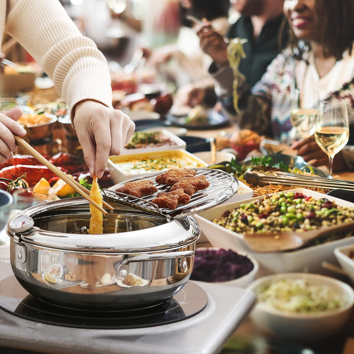 Deep Fryer Pot (&deg;F), 11"/4.4Qt (4.2 L) Extra Large Tempura Frying Pot with Lid, 304 Stainless Steel Fry Pot with Fahrenheit Thermometer and Oil Drip Drain Rack image number 4