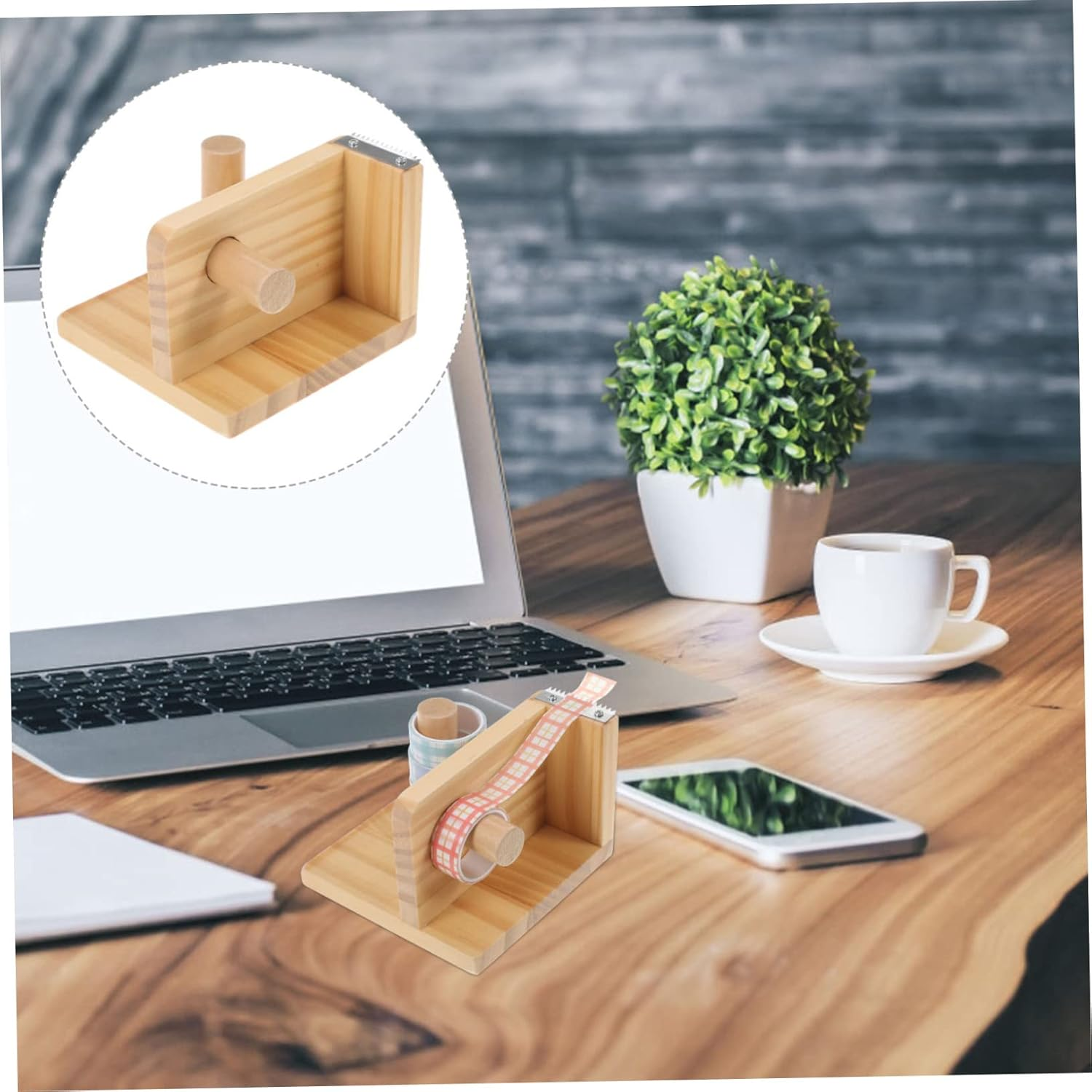 SHINEOFI Professional Tape Dispenser and Portable Tape Cutter with Desk Storage Rack, Natural Wood Color W11&times;D11&times;H8Cm, Reusable Sticker Accessory for Office and Home Organization image number 3