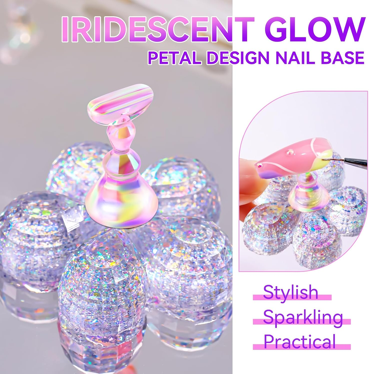 Makartt False Nail Stand: Transparent and Pink Nail Art Display Stand for Nail Art Displays Transparent Magnetic Nail Art Holder with Glitter and Reusable Adhesive Putty for Salon image number 2