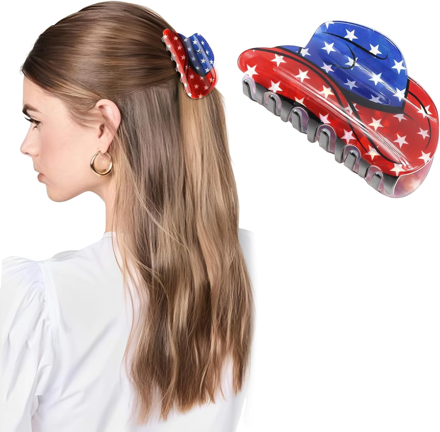 4Th of July Hair Accessories for Women Girls, Hapdoo American Flag Claw Clips Blue Red White Stars, Independence Patriotic Hair Clip Western Cowboy Hat Shaped image number 4