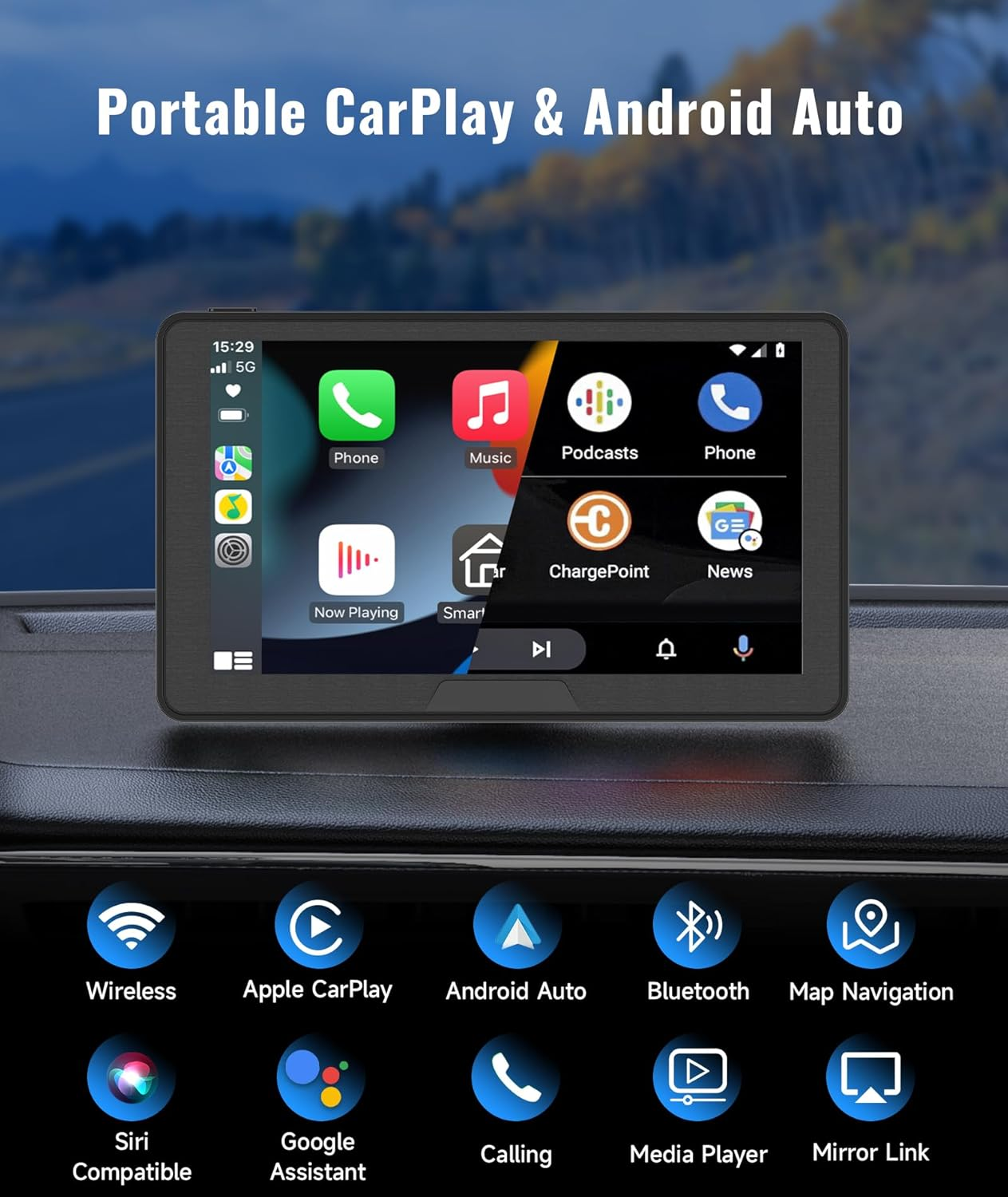 Wireless Carplay Car Screen, 2024 Portable 7" HD Touchscreen Compatible with Carplay & Android Auto for Car, Car Stereo Receiver Wit Mirror Link/Bluetooth