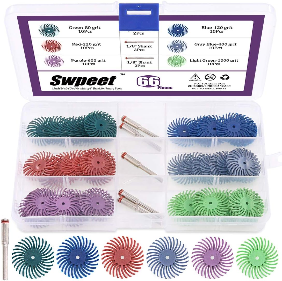 Swpeet 66Pcs 2.5Cm 6 Mixed Grit 80/120/220/400/600/1000 Radial Bristle Disc Abrasive Brush Gap Polishing Pad Buffing Wheel Assortment Kit with 0.3Cm Shank for Rotary Tools Cleaning Finishing Deburring image number 4